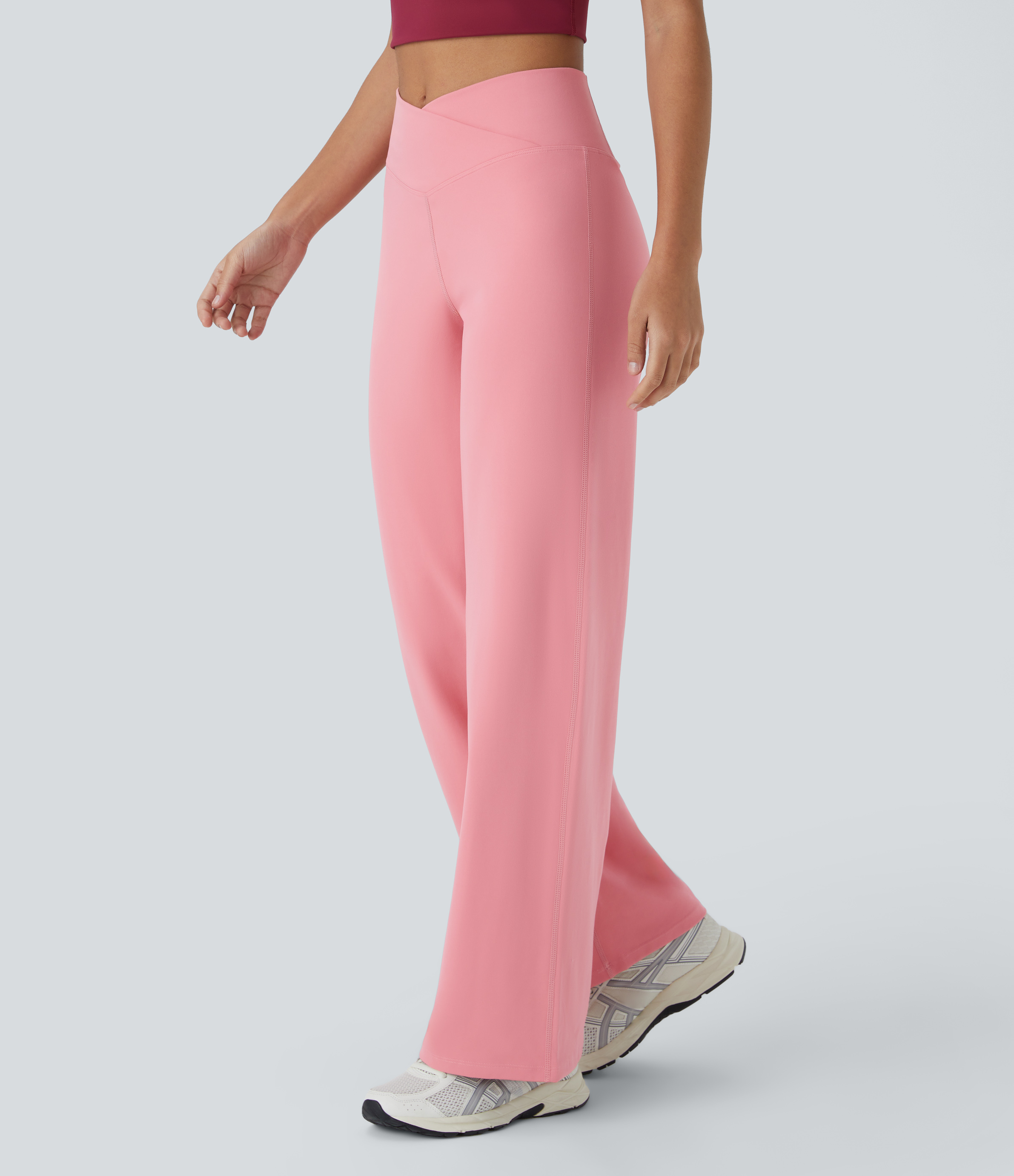 Halara Crossover High Waisted Back Pocket Wide Leg Yoga Pants  - Candy Pink - L 
