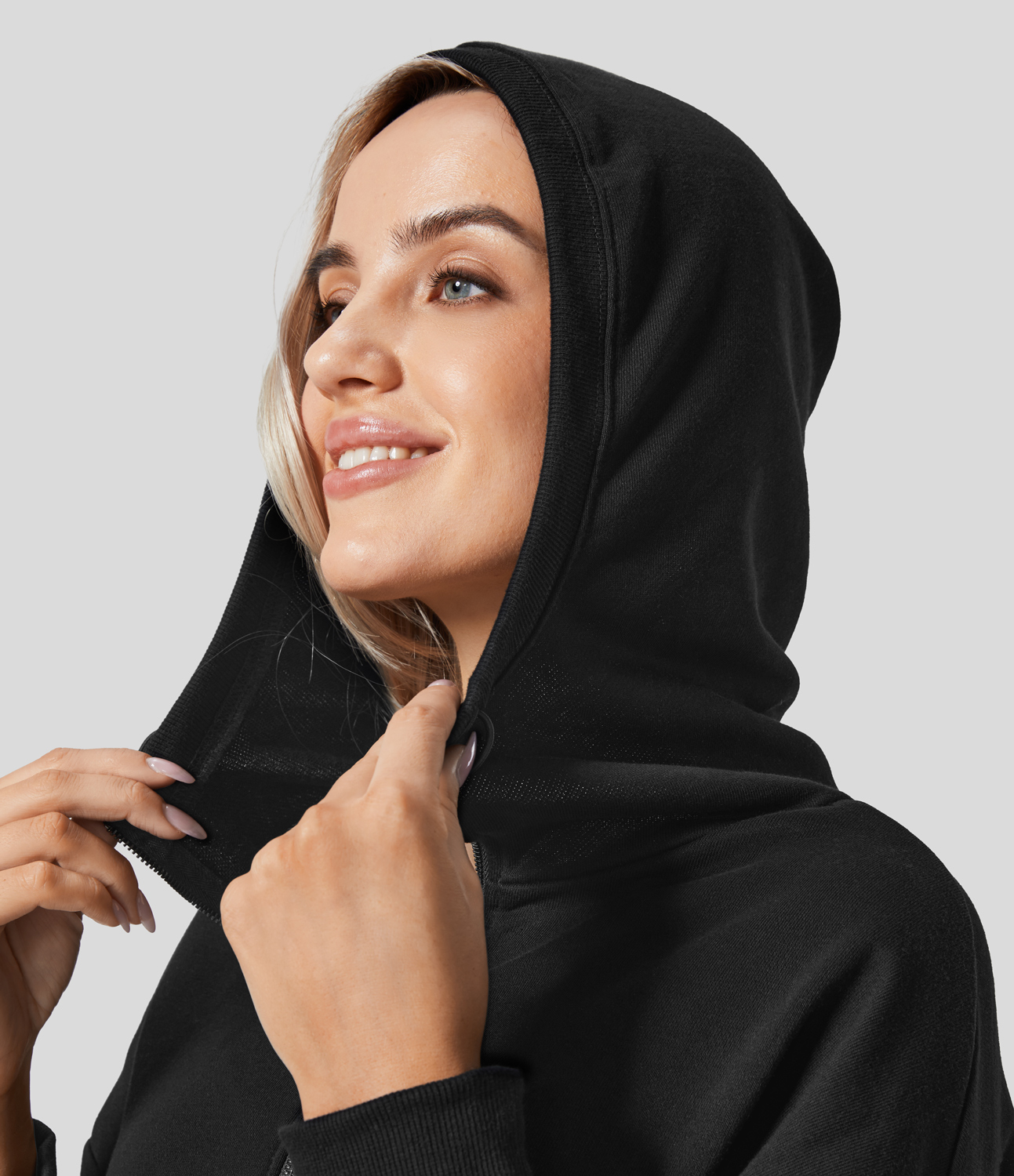 Halara Hooded Drawcord Half Zip Long Sleeve Kangaroo Pocket Casual Sweatshirt  - Black - L 