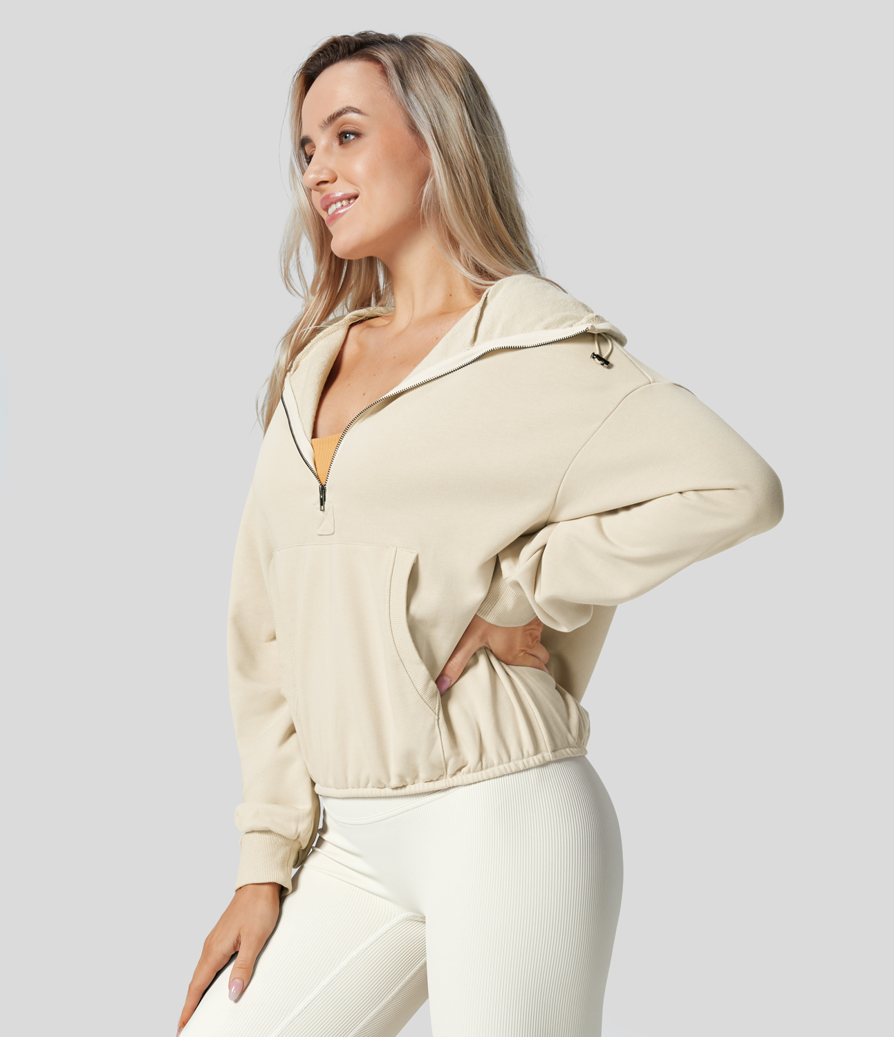 Halara Hooded Drawcord Half Zip Long Sleeve Kangaroo Pocket Casual Sweatshirt  - Antique White - S 
