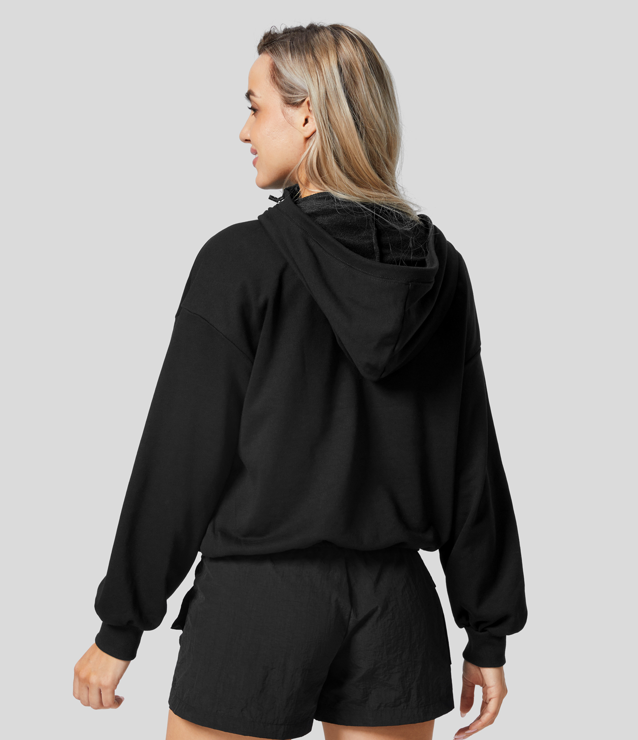 Halara Hooded Drawcord Half Zip Long Sleeve Kangaroo Pocket Casual Sweatshirt  - Black - L 