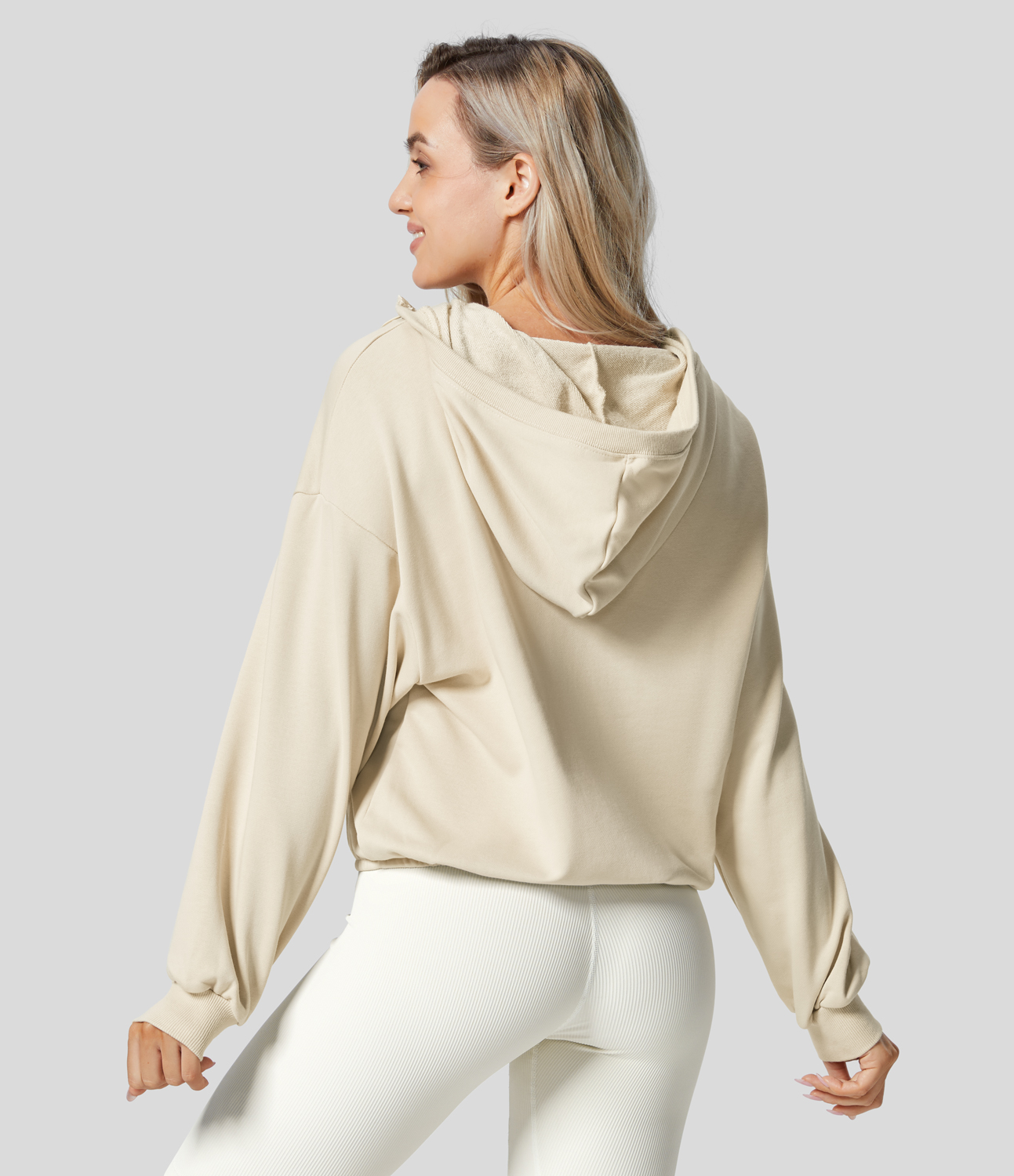 Halara Hooded Drawcord Half Zip Long Sleeve Kangaroo Pocket Casual Sweatshirt  - Antique White - S 