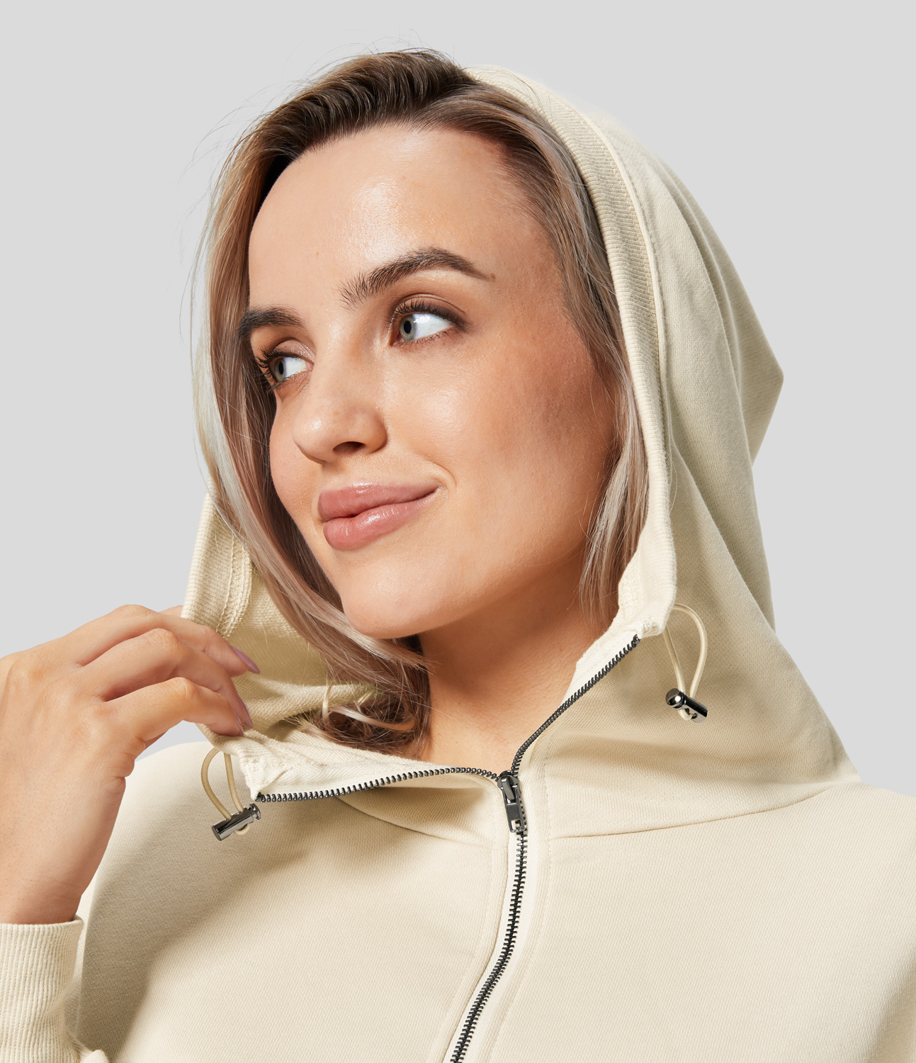 Halara Hooded Drawcord Half Zip Long Sleeve Kangaroo Pocket Casual Sweatshirt  - Antique White - S 