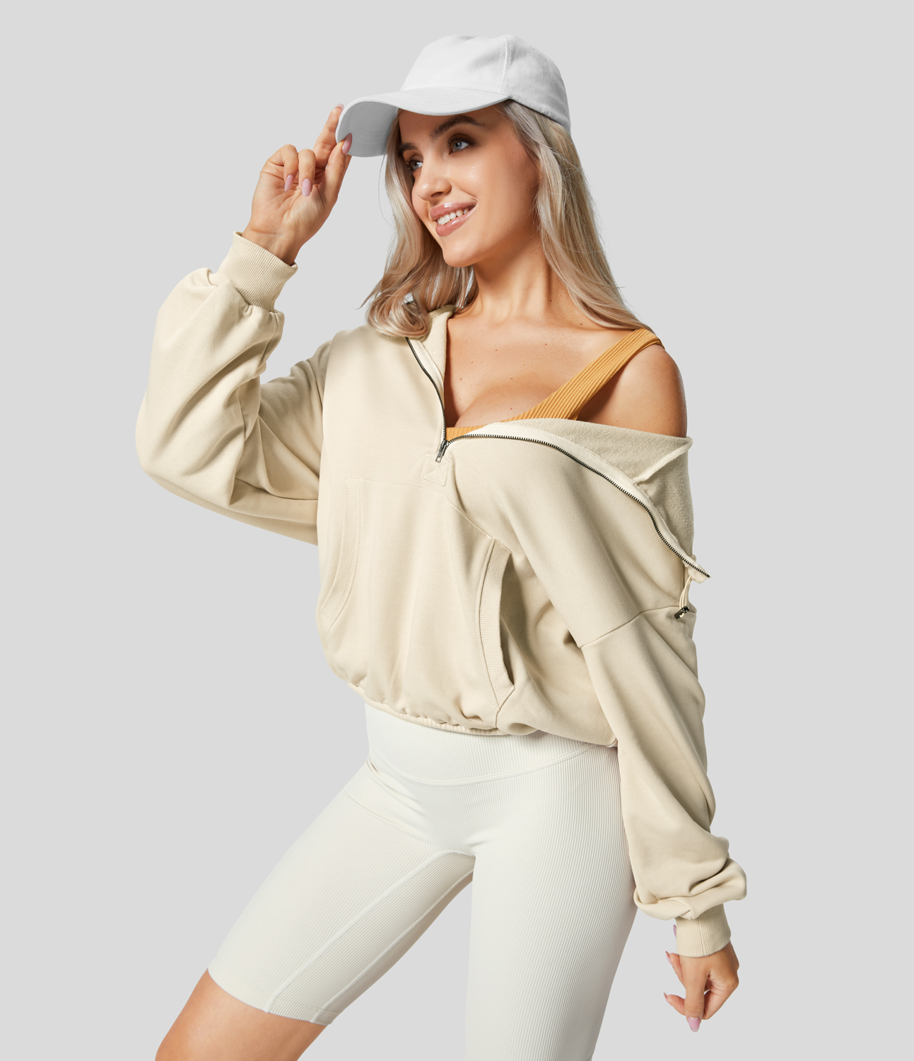 Halara Hooded Drawcord Half Zip Long Sleeve Kangaroo Pocket Casual Sweatshirt  - Antique White - S 