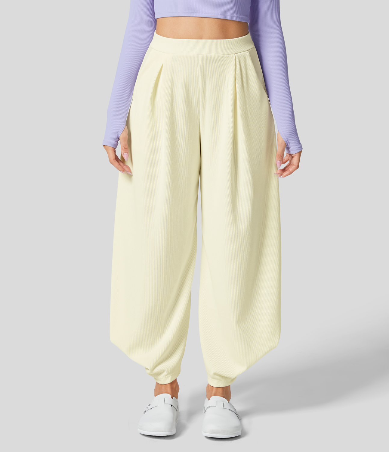 Halara Ribbed High Waisted Plicated Multiple Pockets Solid Casual Harem Pants  - Warm Yellow Cake - XL(regular) sweatpants jogger pants 