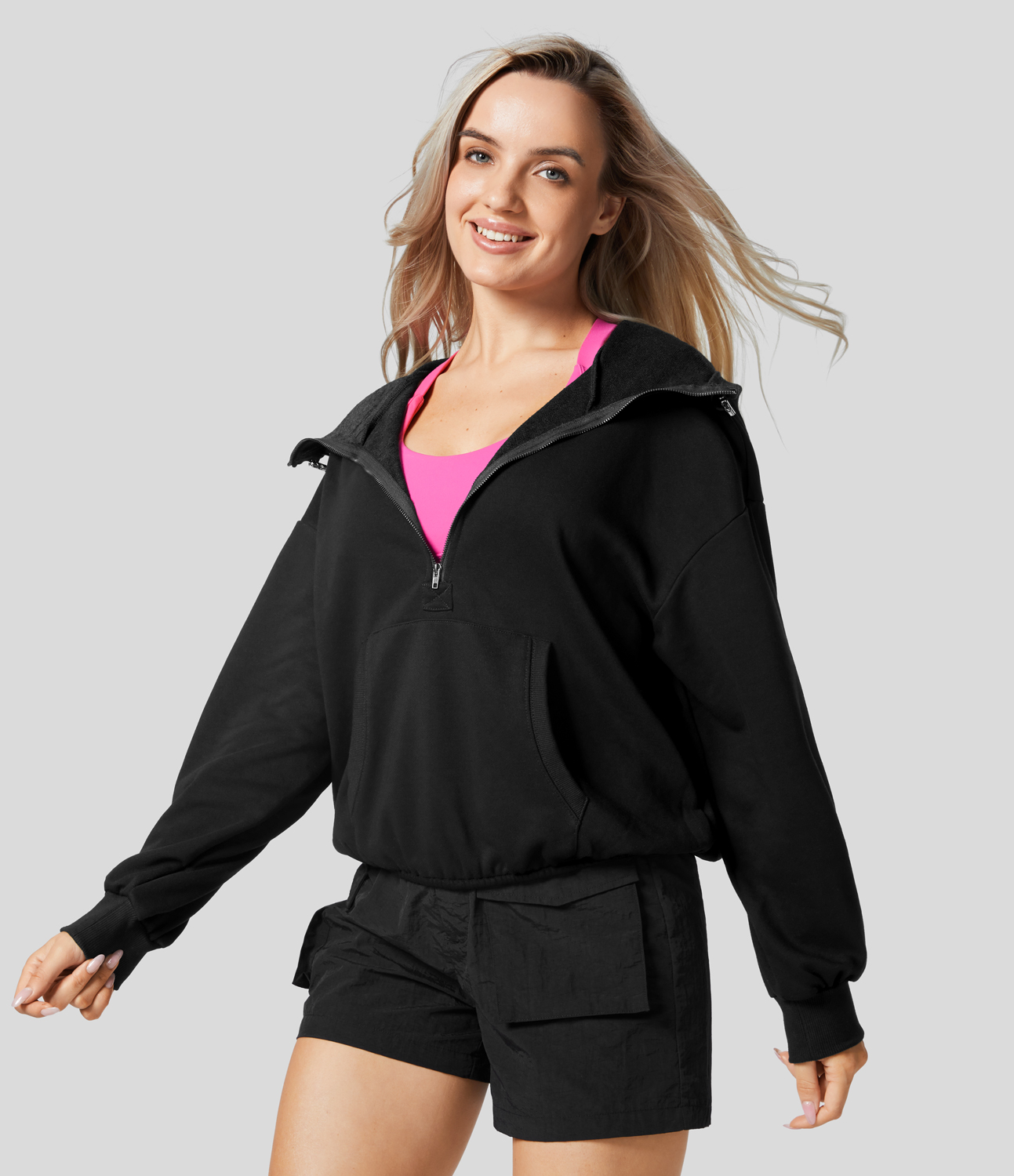 Halara Hooded Drawcord Half Zip Long Sleeve Kangaroo Pocket Casual Sweatshirt  - Black - L 