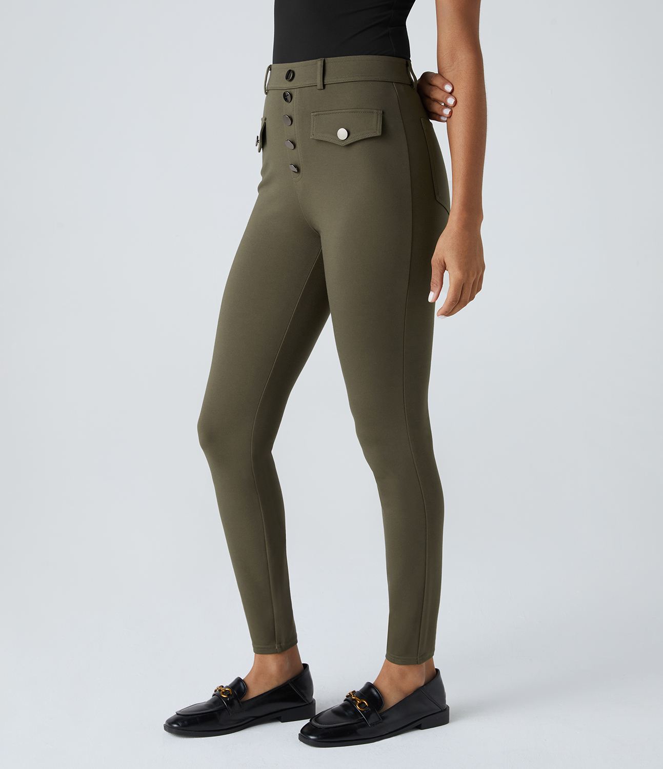 

Halara High Waisted Decorative Button Back Side Pocket Skinny Work Pants - Forest Wild Brown