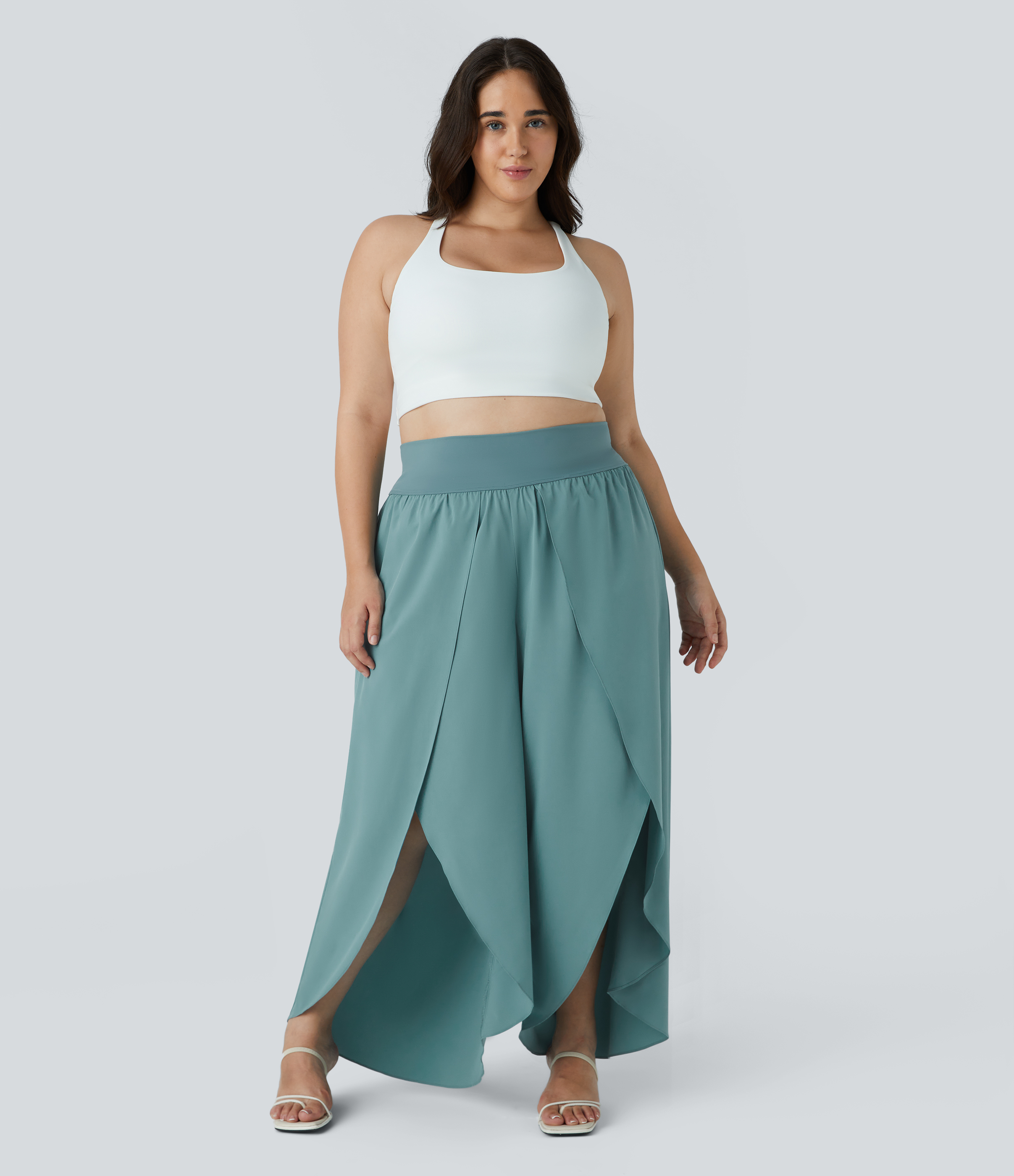 Halara Breezefulв„ў High Waisted Back Waistband Pocket Palazzo Flowy Split Wide Leg Quick Dry Casual Plus Size Pants  - Mineral Blue - 1X(regular) 