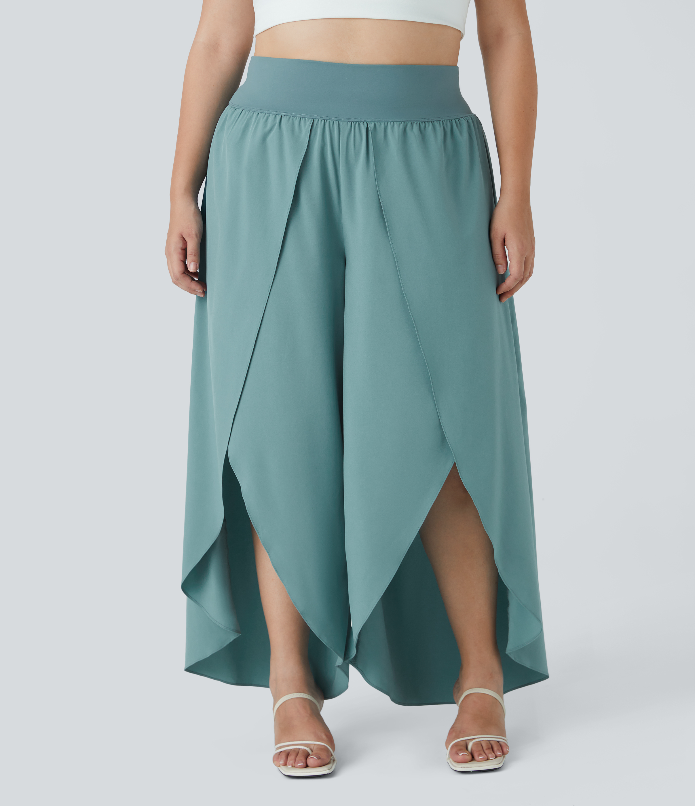 Halara Breezefulв„ў High Waisted Back Waistband Pocket Palazzo Flowy Split Wide Leg Quick Dry Casual Plus Size Pants  - Mineral Blue - 1X(regular) 