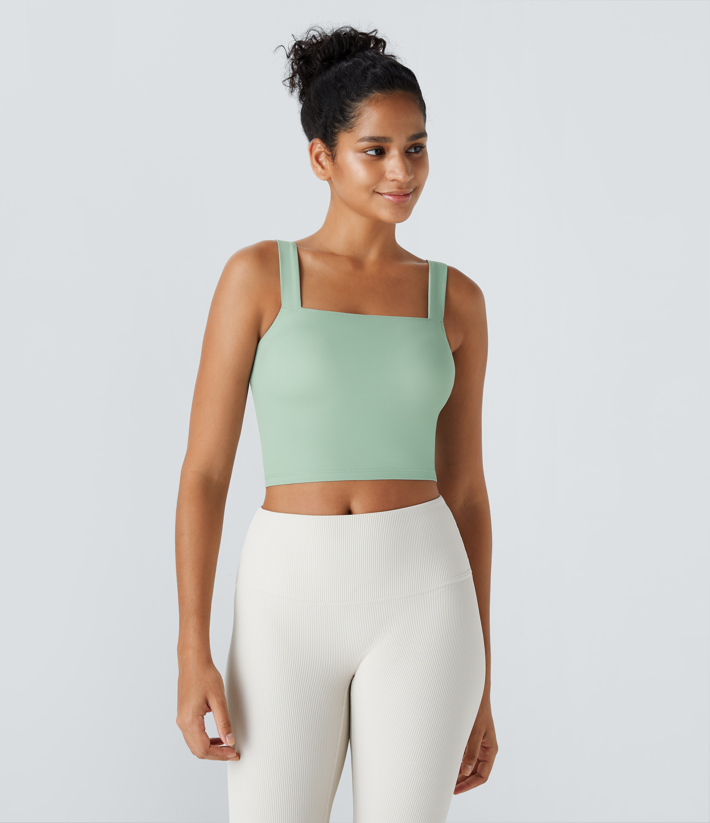 Halara Softlyzeroв„ў Plush Square Neck Cropped Skinny Yoga Tank Top Tank Top - Subtle Green - S golf tops halter top tunic tops sleeveless tops 