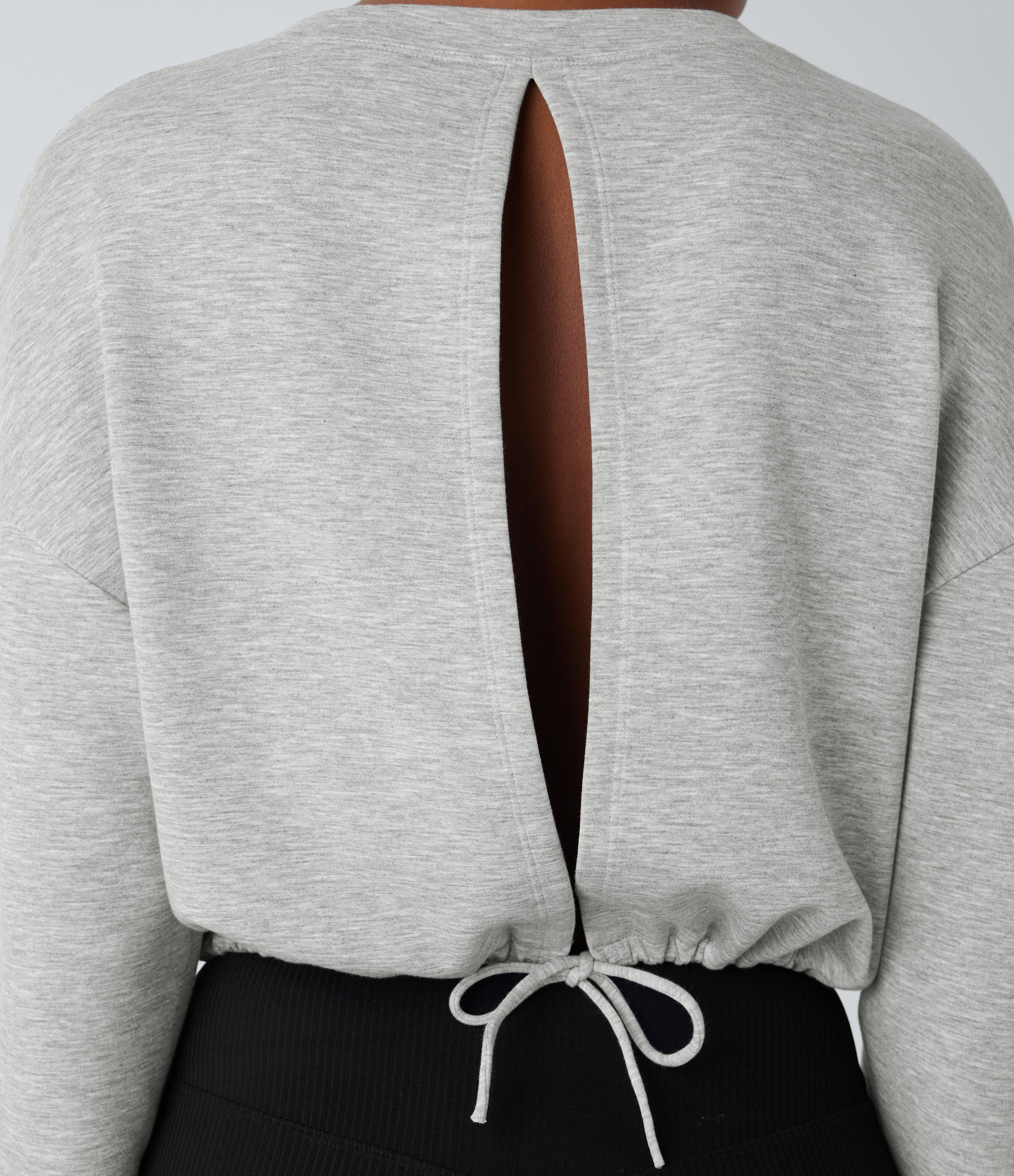 Halara Backless Drawstring Tie Back Bishop Sleeve Cropped Casual Sweatshirt  - Fog Gray - M 