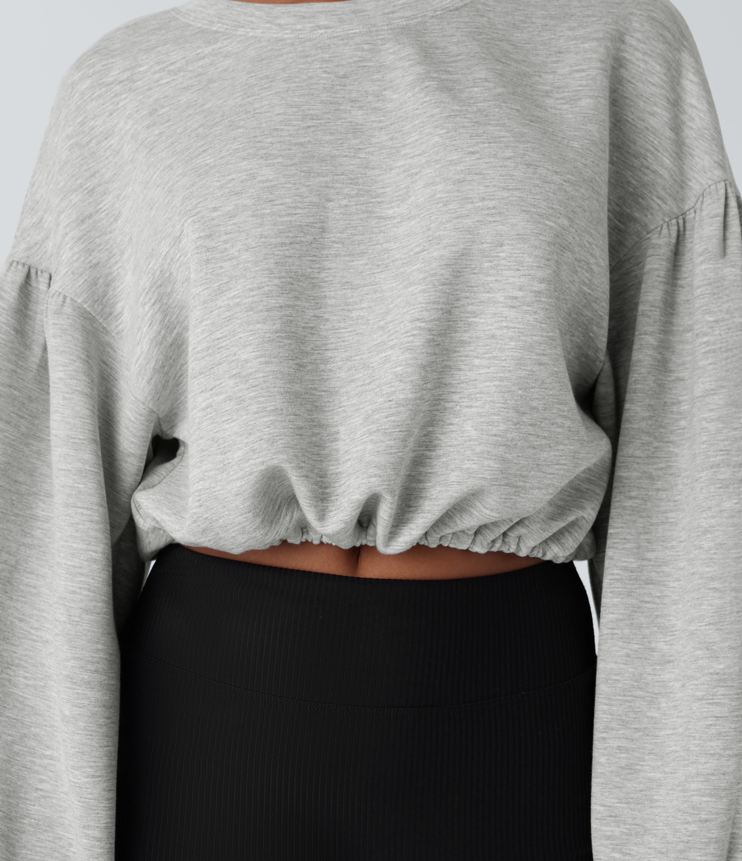 Halara Backless Drawstring Tie Back Bishop Sleeve Cropped Casual Sweatshirt  - Fog Gray - M 