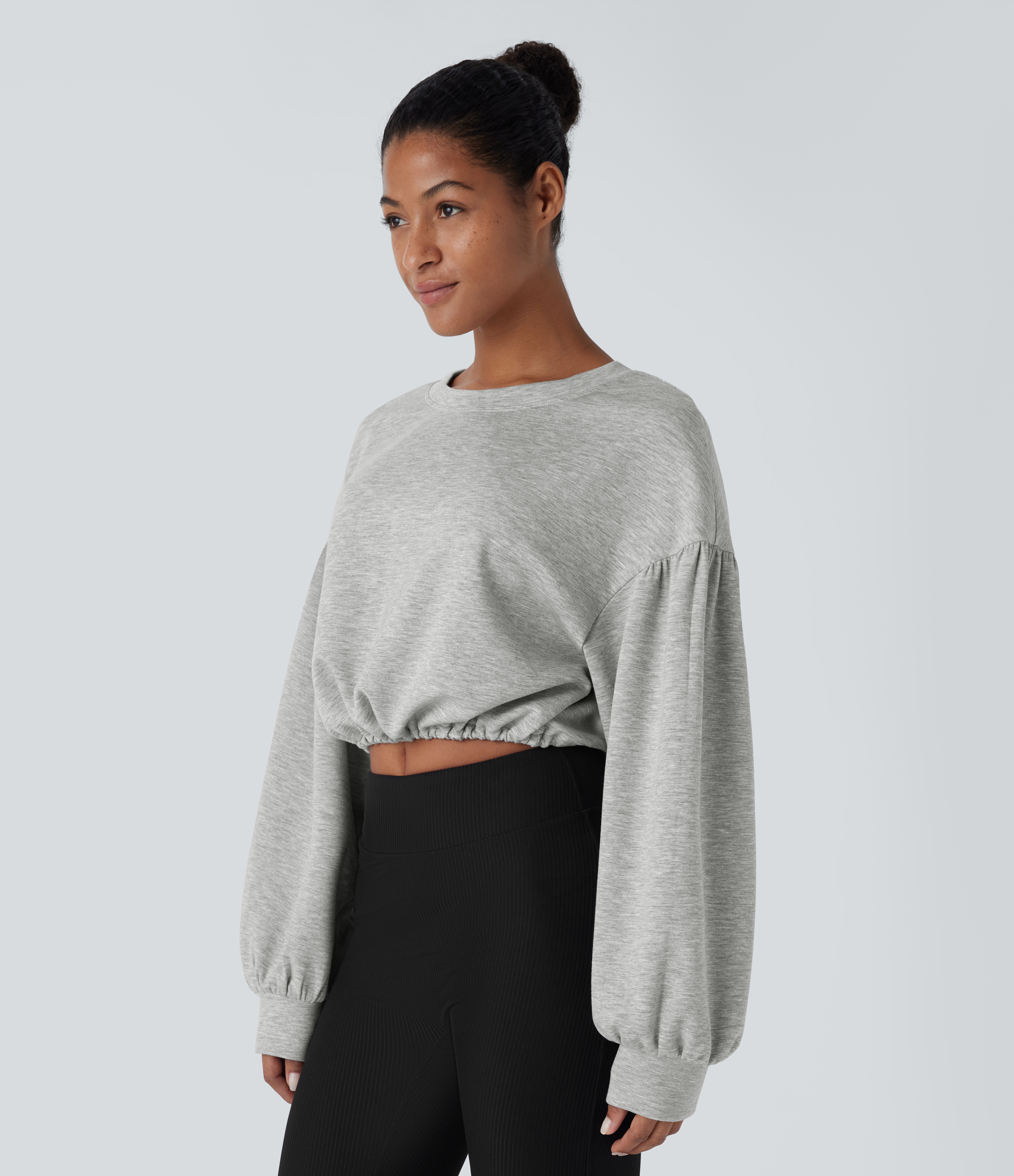 Halara Backless Drawstring Tie Back Bishop Sleeve Cropped Casual Sweatshirt  - Fog Gray - M 