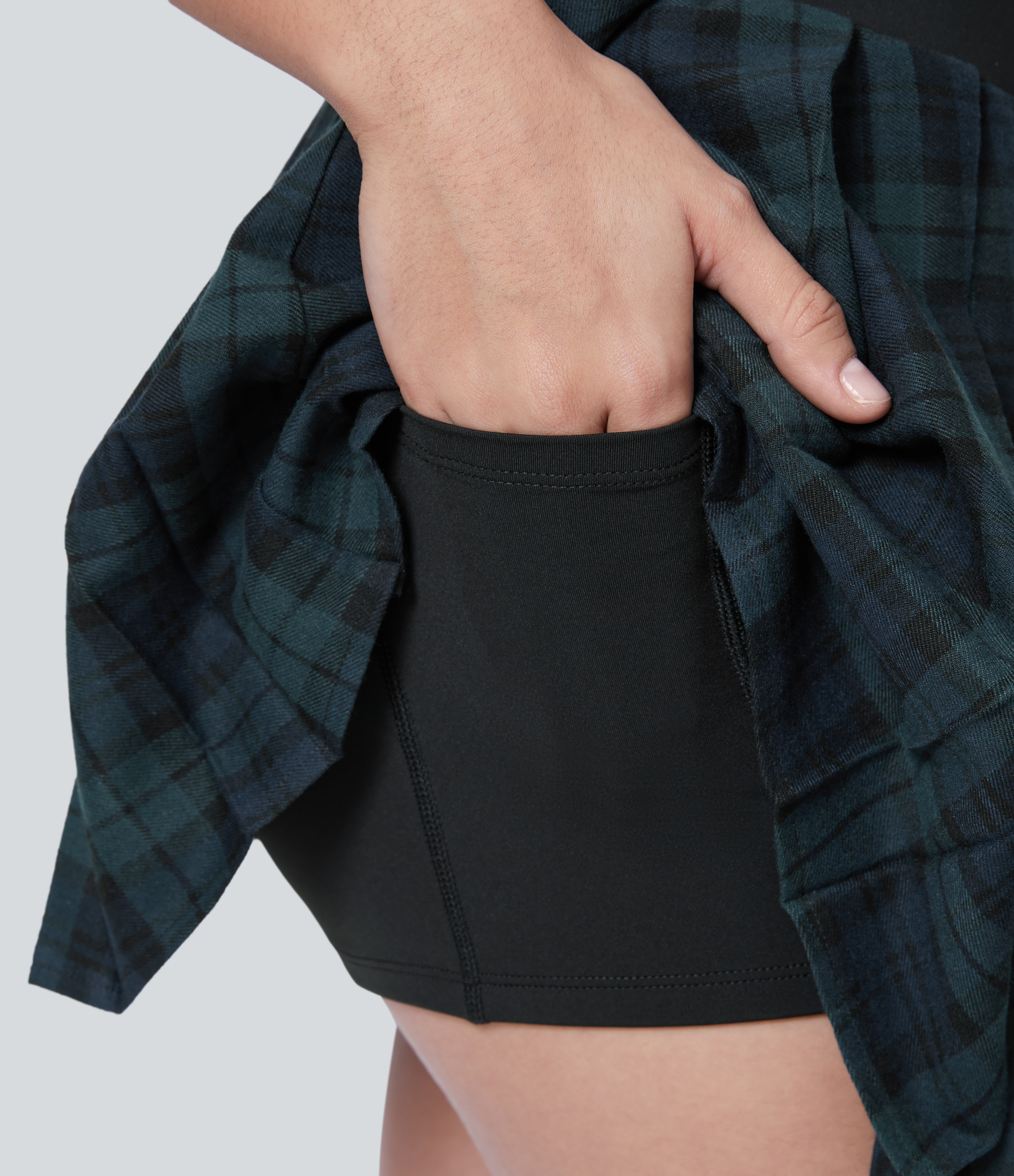 Halara High Waisted Pleated 2-in-1 Side Pocket Adjustable Buckle Plaid Mini Casual Skirt  - Blue Green Plaid - S(regular) 