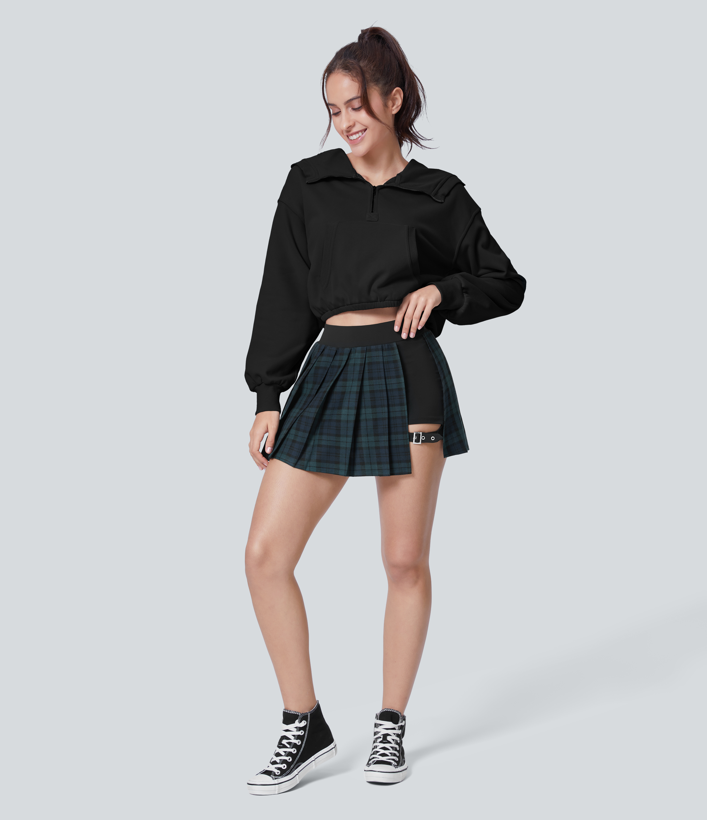 Halara High Waisted Pleated 2-in-1 Side Pocket Adjustable Buckle Plaid Mini Casual Skirt  - Blue Green Plaid - S(regular) 