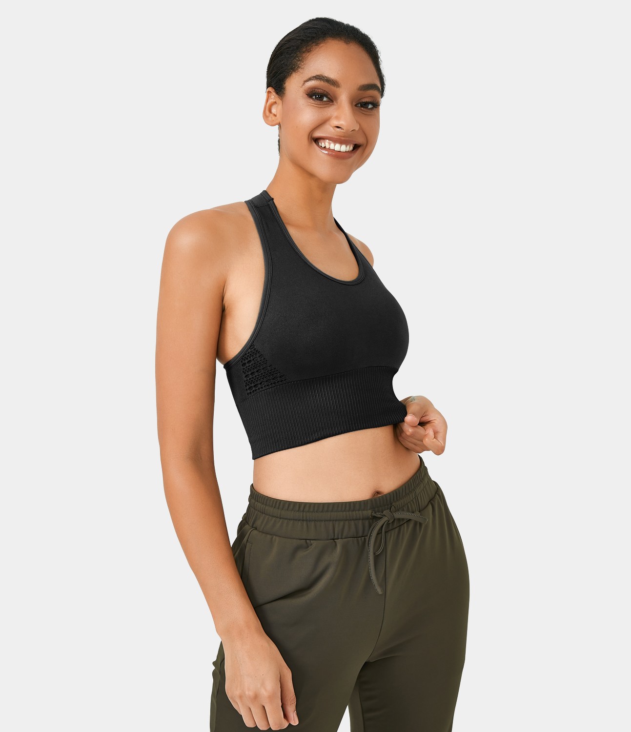 Halara Seamless Flow Medium Support Racerback T Back Workout Sports Bra  - Black - L push up bra strapless bra backless bra sticky bra 