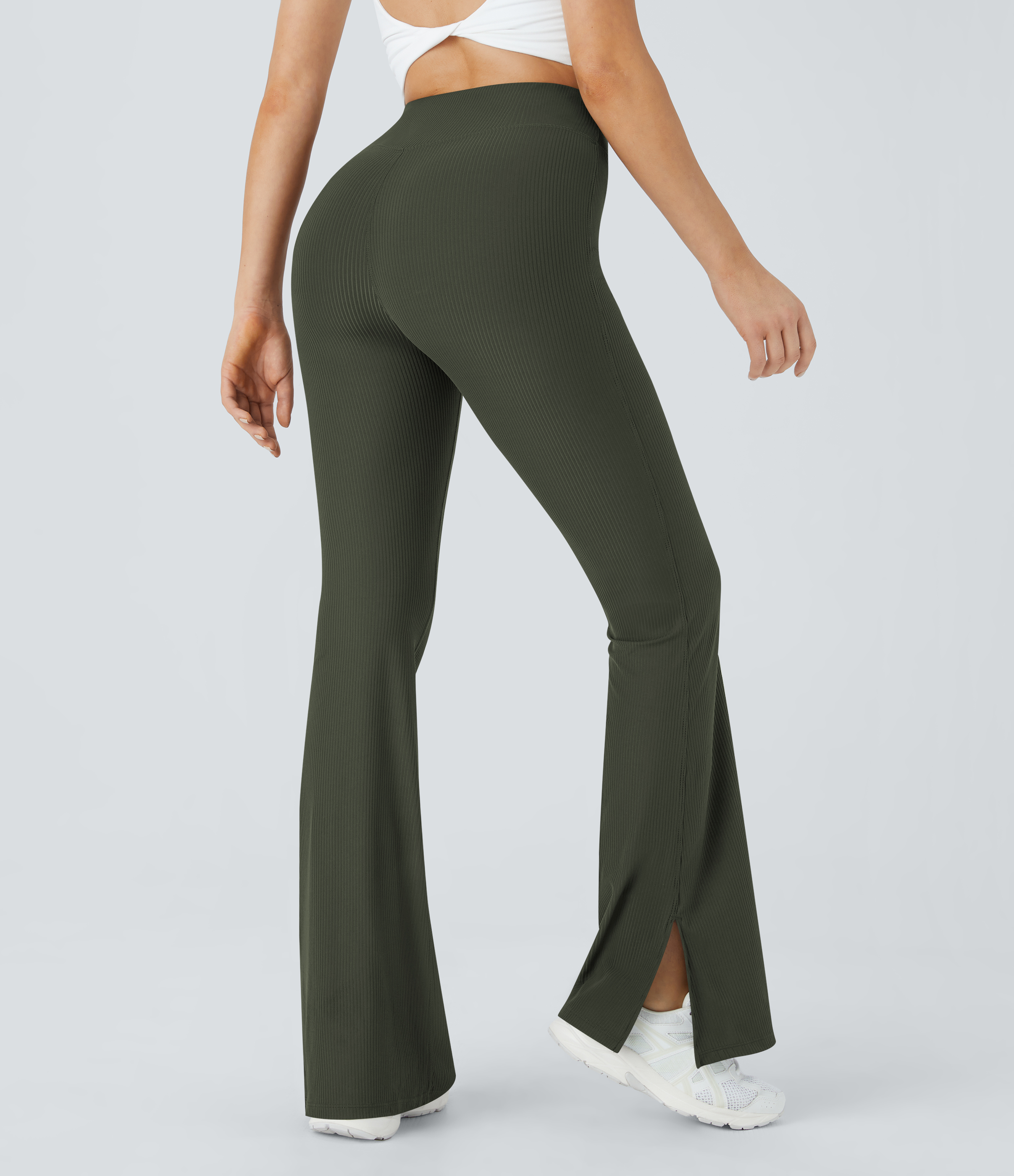 Halara Ribbed High Waisted Split Flared Yoga Full Length Leggings  - Deep Depths - XS gym leggings leggings with pockets 