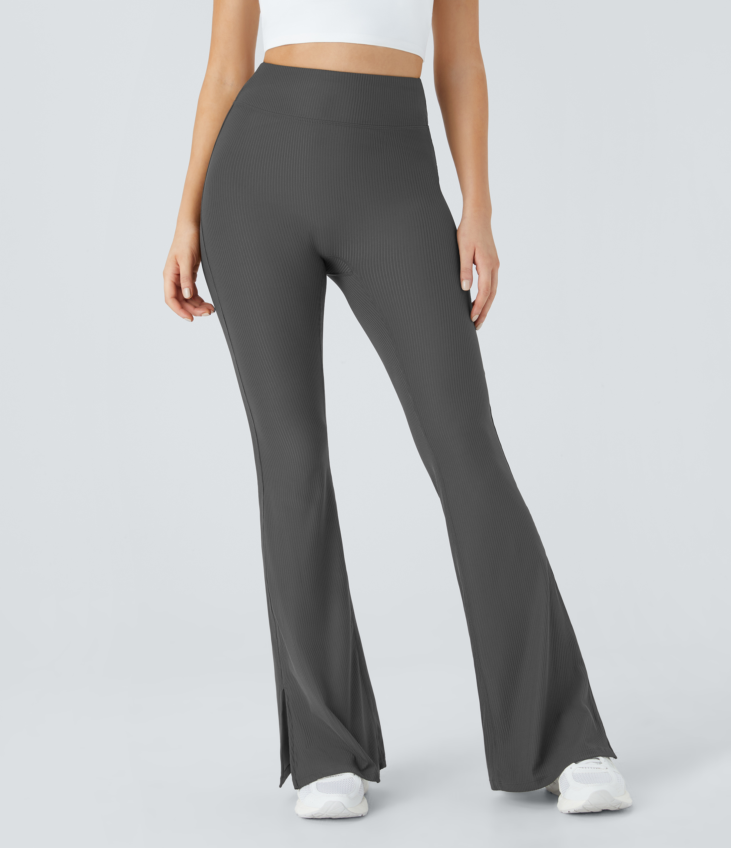 Halara Ribbed High Waisted Split Flared Yoga Full Length Leggings  - Dark Jade Grey - L gym leggings leggings with pockets 