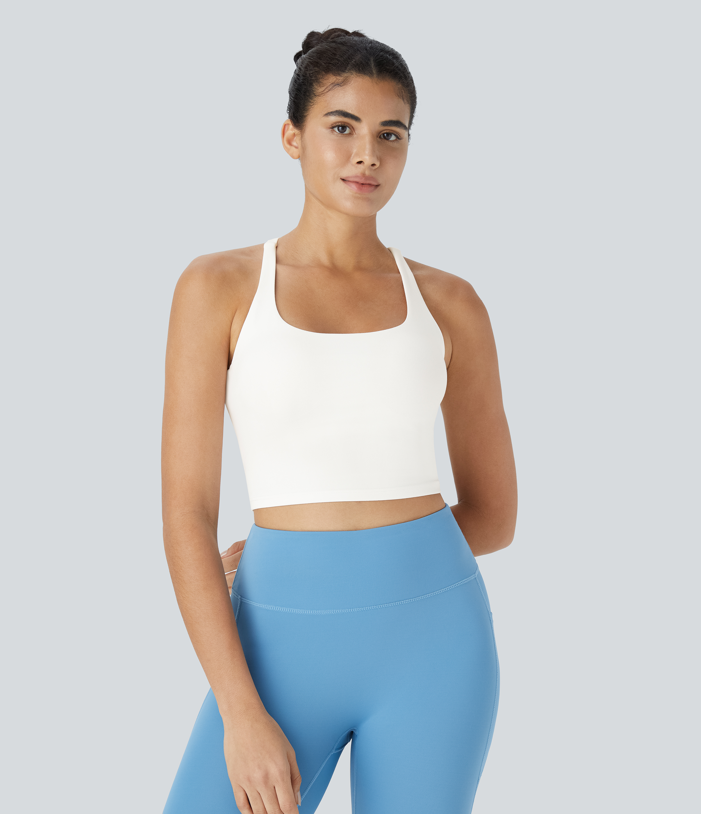 Halara Crisscross Backless Cropped Yoga Tank Top Tank Top - White - XS golf tops halter top tunic tops sleeveless tops backless top 