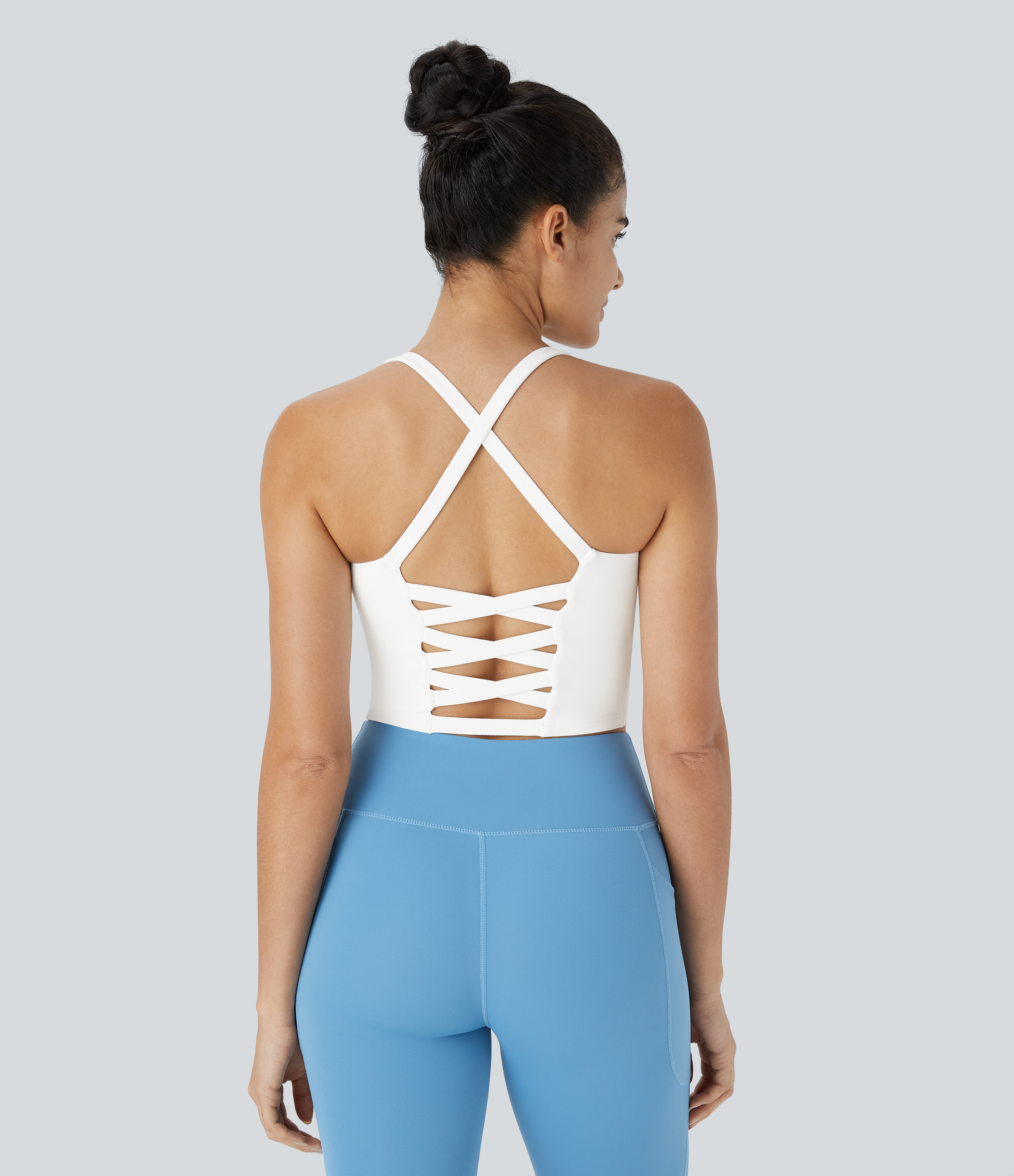 Halara Crisscross Backless Cropped Yoga Tank Top Tank Top - White - XS golf tops halter top tunic tops sleeveless tops backless top 