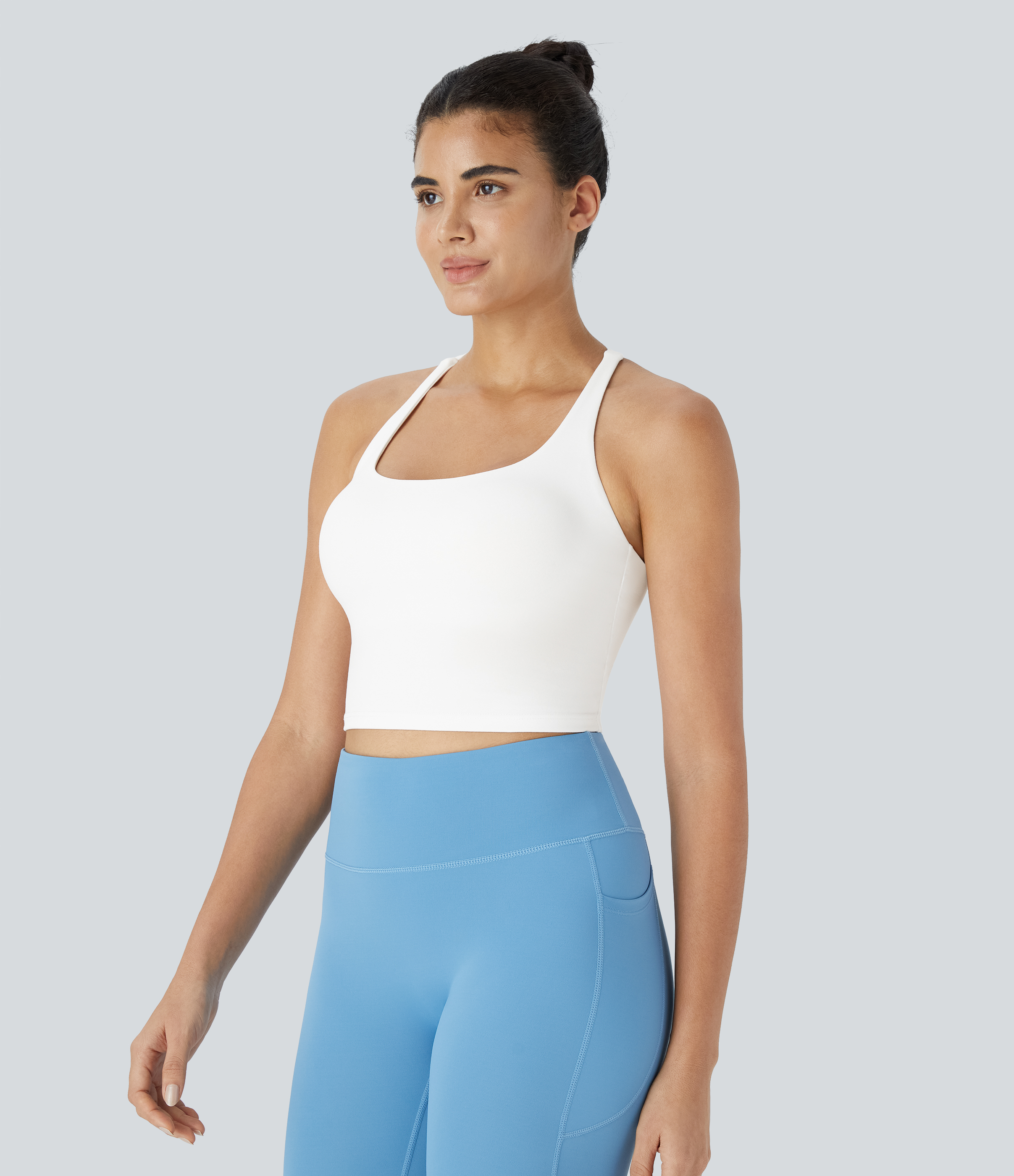 Halara Crisscross Backless Cropped Yoga Tank Top Tank Top - White - XS golf tops halter top tunic tops sleeveless tops backless top 