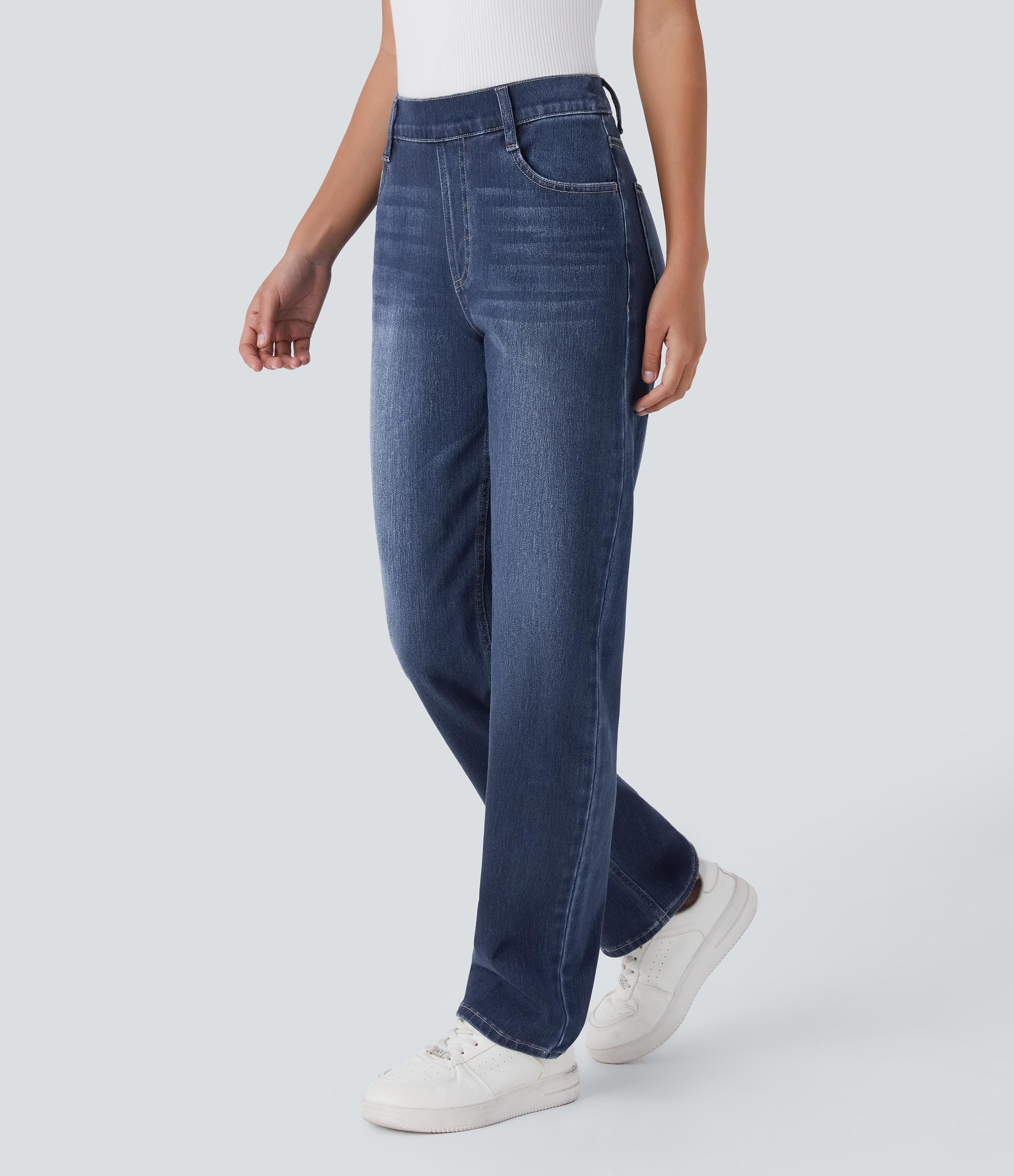 Halara Flex™ High Waisted Pockets Straight Leg Washed Casual Jeans