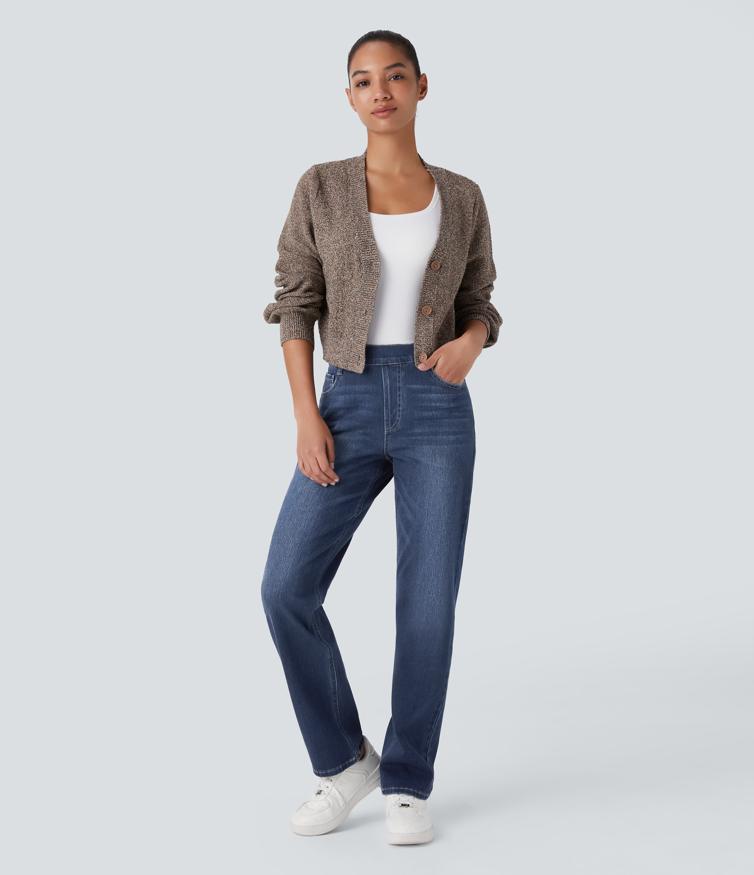 Halara Flex™ High Waisted Pockets Straight Leg Washed Casual Jeans