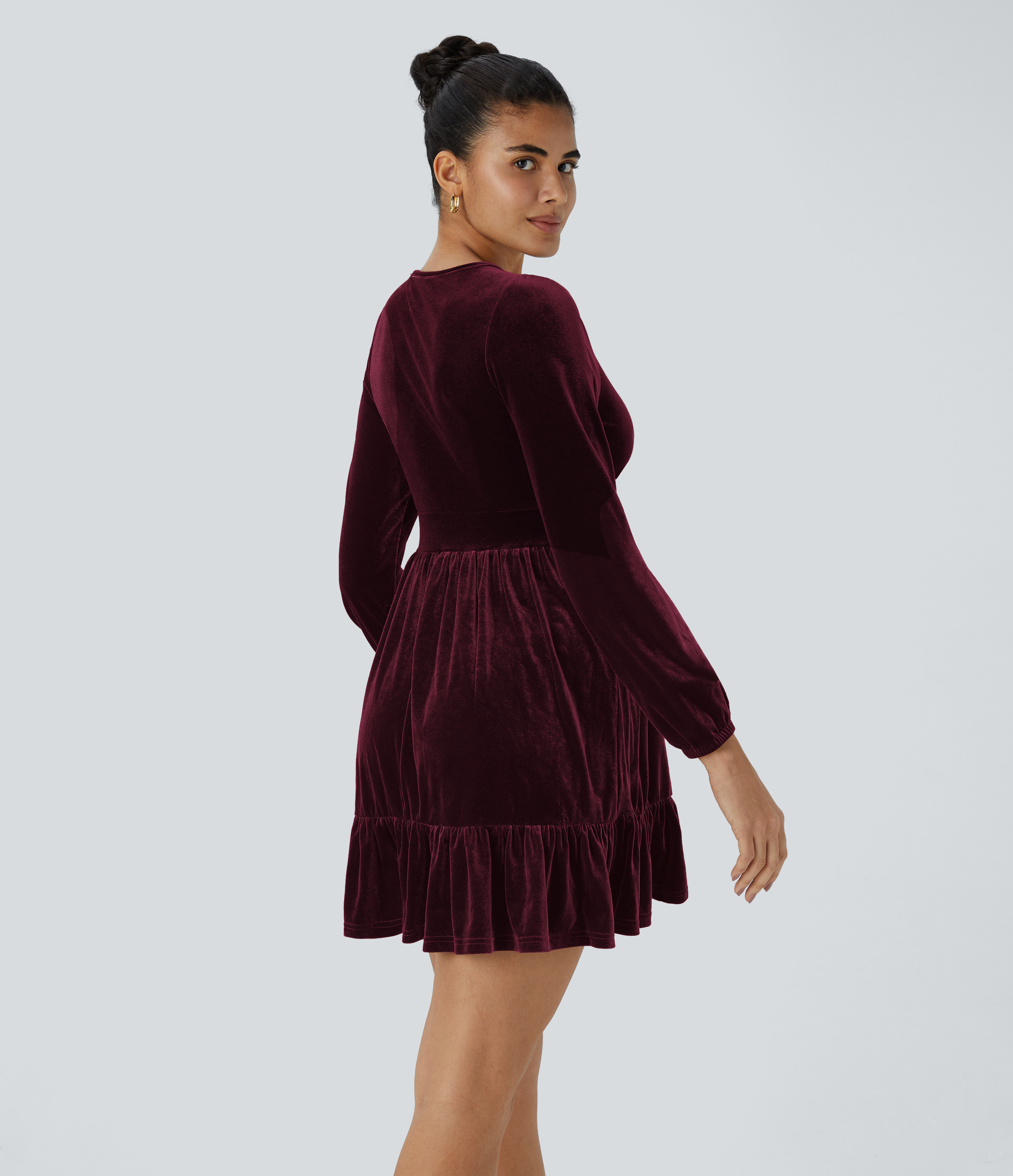 Halara Everyday Deep V Neck Ruffled Hem Velvet Mini Chill Party Dress Casual Dress - Dusky purple - L slip dress beach dress ruched dress 