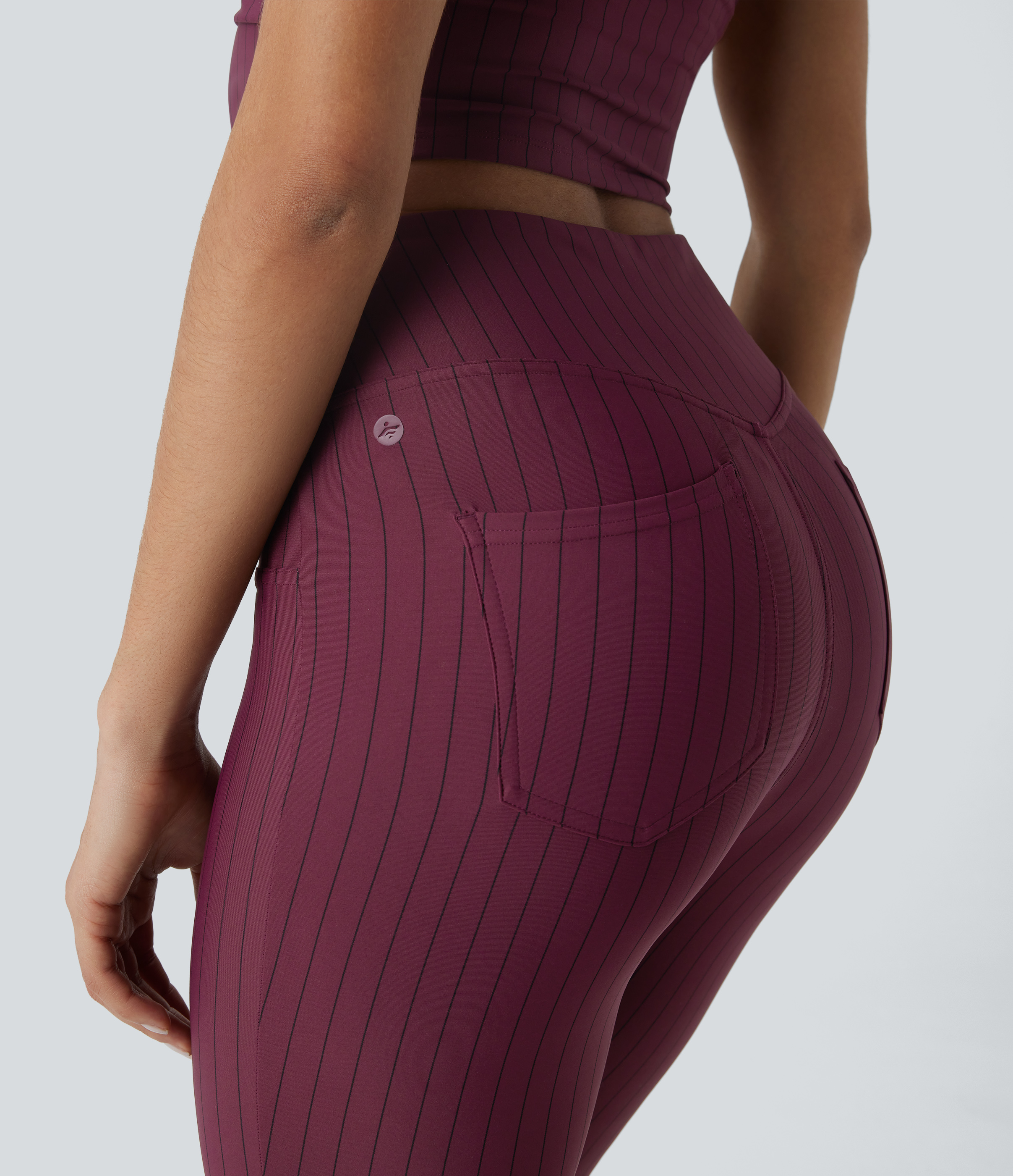 Halara High Waisted Back Pocket Stripe Cool Touch Bootcut Casual Pants  - Wine Red and Black Stripe - M(regular) sweatpants jogger pants 