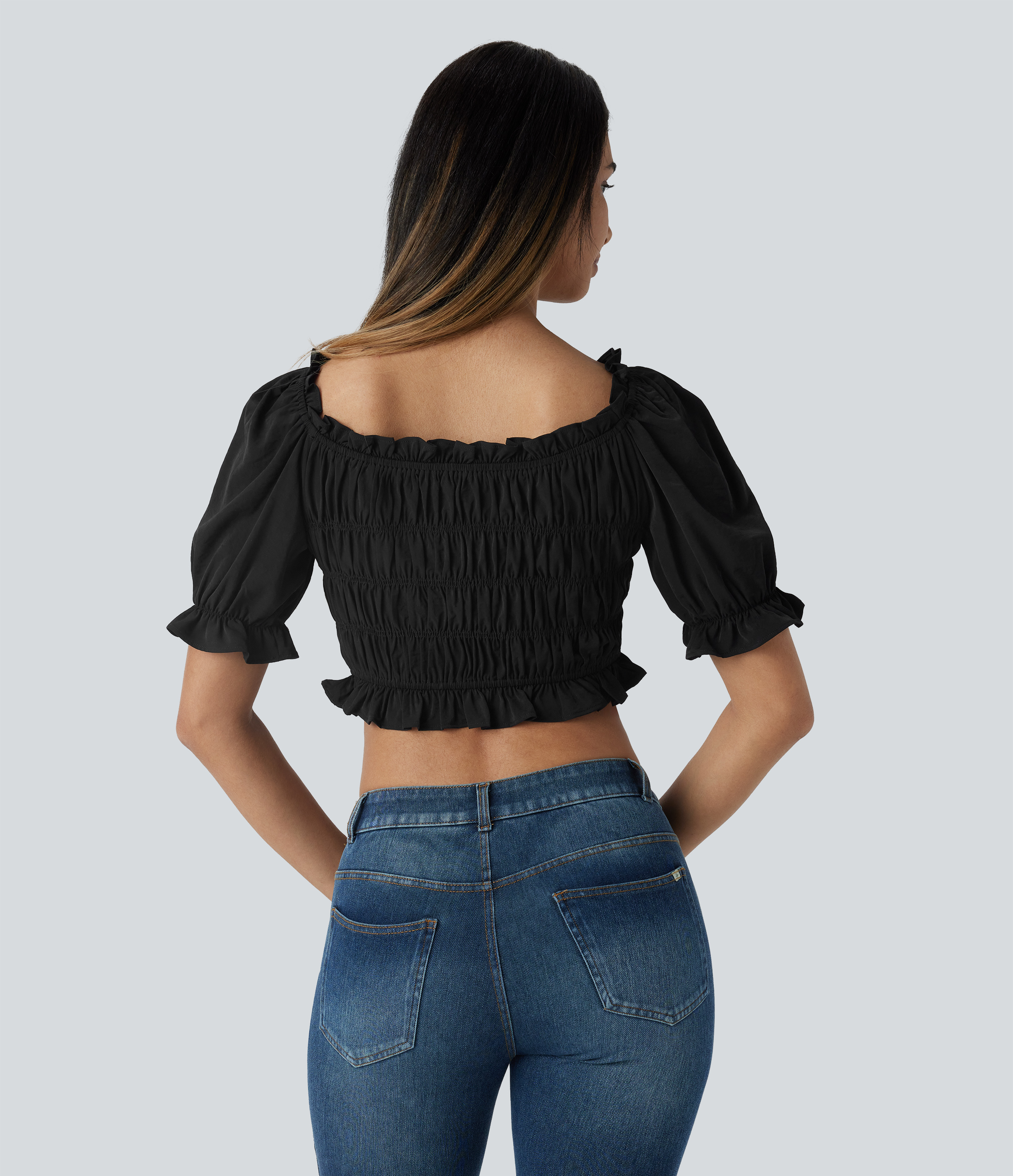 Halara U Neck Puff Sleeve Frill Shirred Cropped Casual Top Tank Top - Black - M golf tops halter top tunic tops sleeveless tops backless top 
