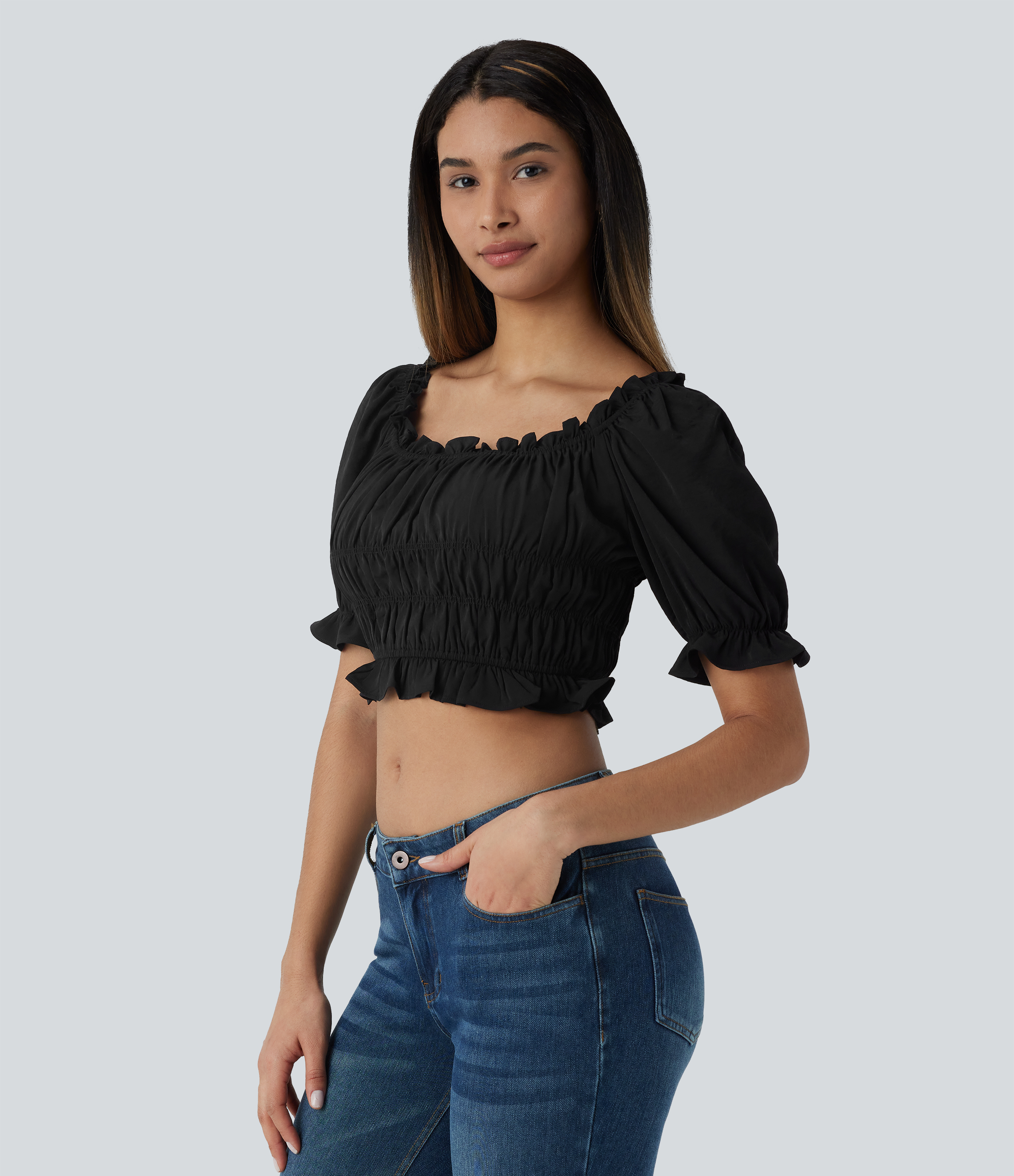 Halara U Neck Puff Sleeve Frill Shirred Cropped Casual Top Tank Top - Black - M golf tops halter top tunic tops sleeveless tops backless top 
