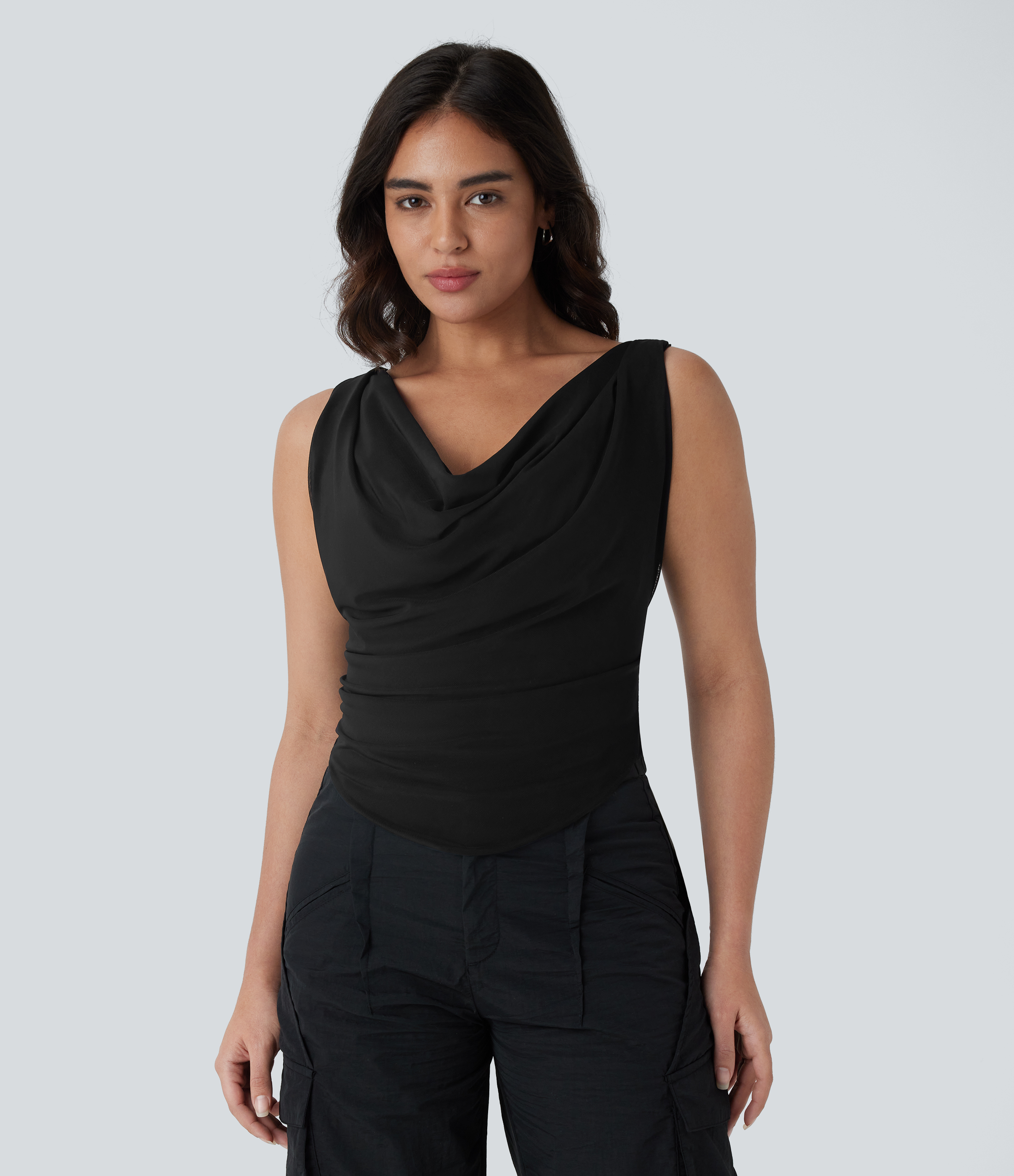 Halara Cowl Neck Ruched Backless Twisted Cropped Resort Top Tank Top - Black - XS golf tops halter top tunic tops sleeveless tops 