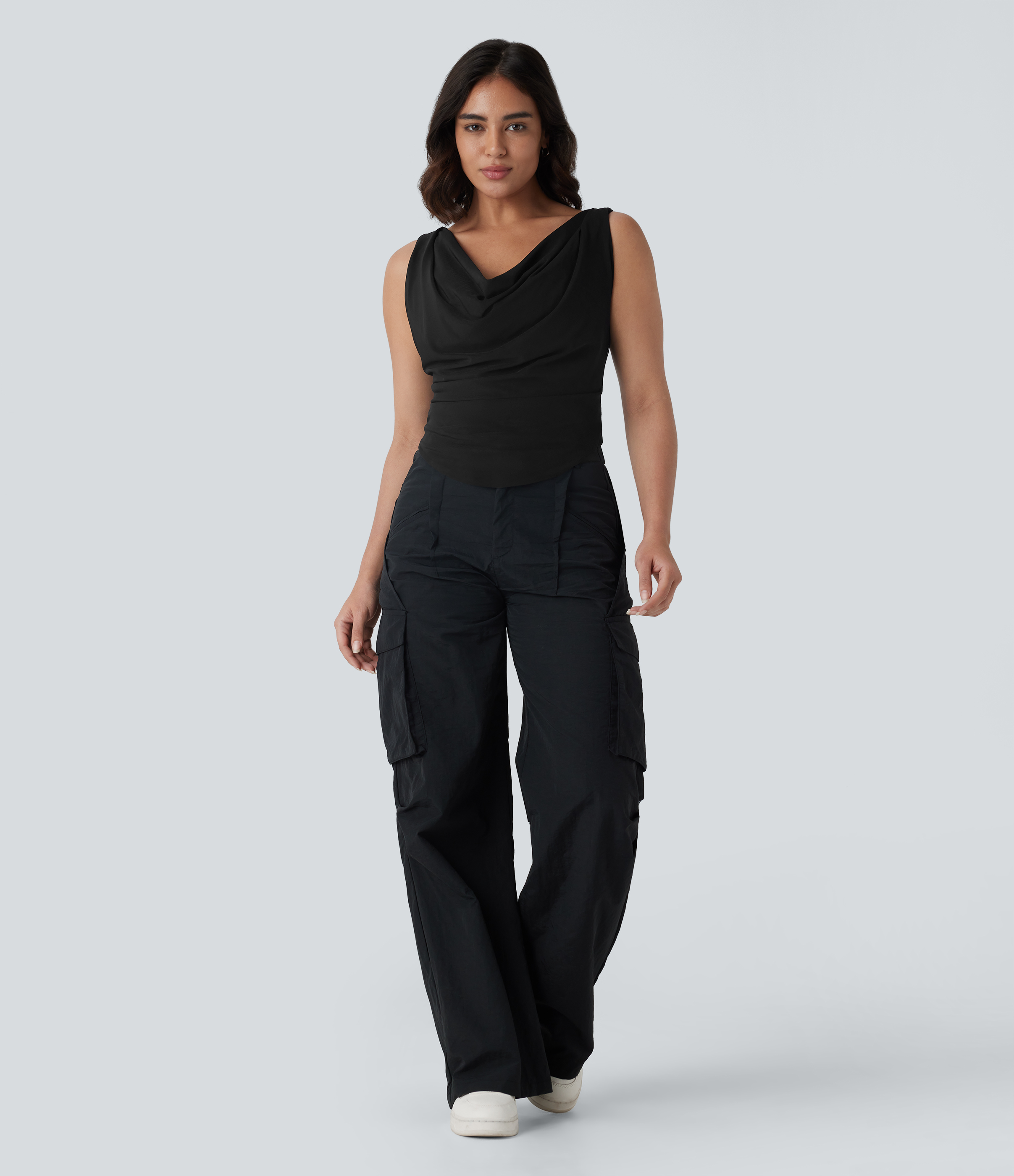Halara Cowl Neck Ruched Backless Twisted Cropped Resort Top Tank Top - Black - XS golf tops halter top tunic tops sleeveless tops 