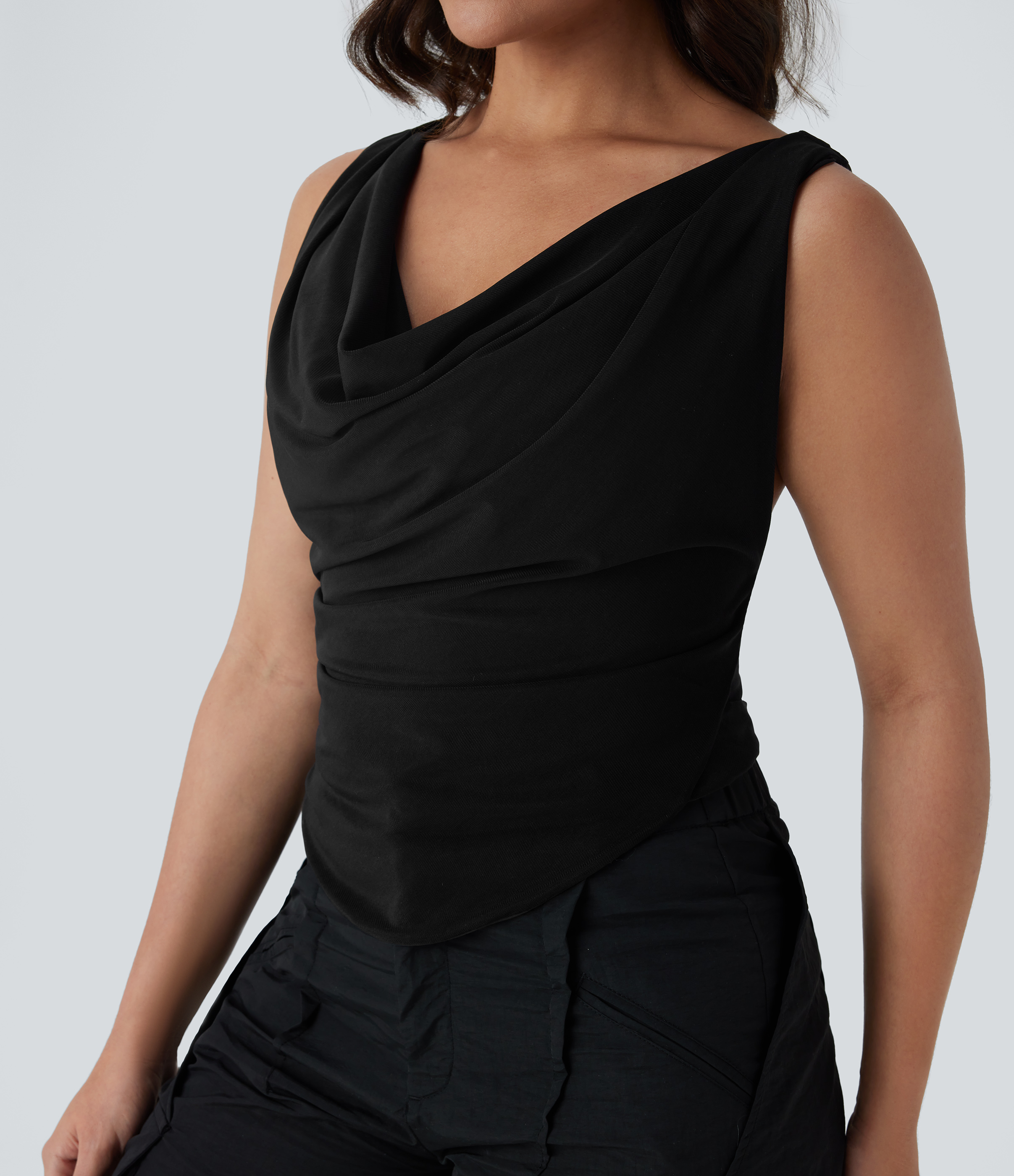 Halara Cowl Neck Ruched Backless Twisted Cropped Resort Top Tank Top - Black - XS golf tops halter top tunic tops sleeveless tops 