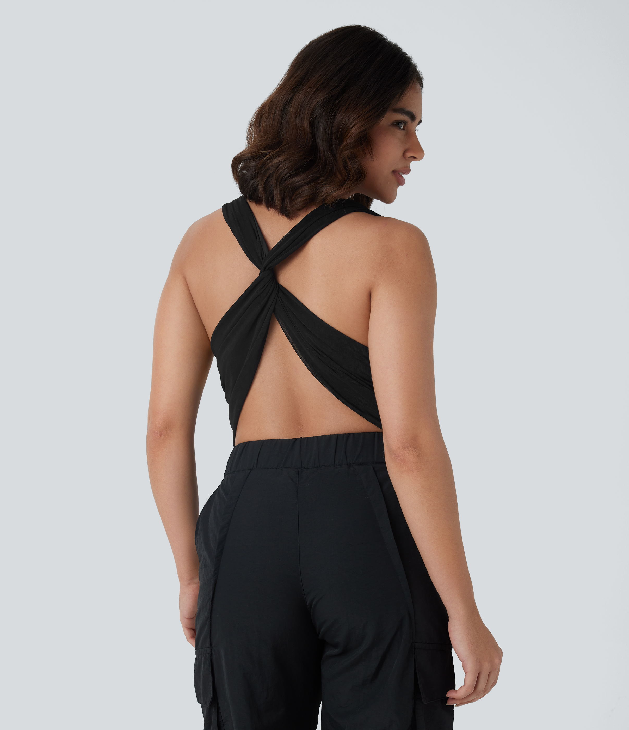 Halara Cowl Neck Ruched Backless Twisted Cropped Resort Top Tank Top - Black - XS golf tops halter top tunic tops sleeveless tops 