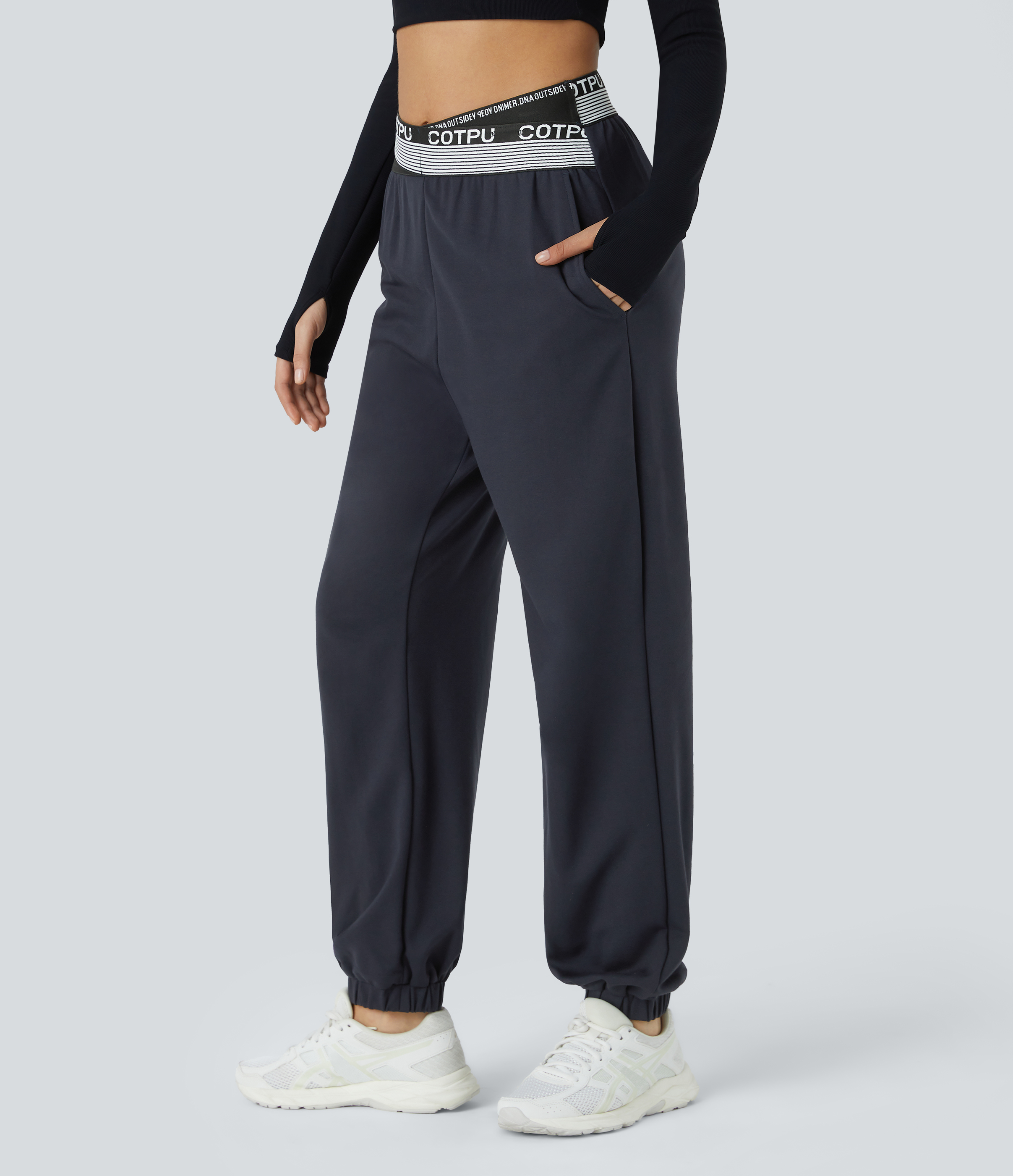 Halara Mid Rise Crossover Letter Print Side Pocket Pants  - Deep Dark Blue - XL 