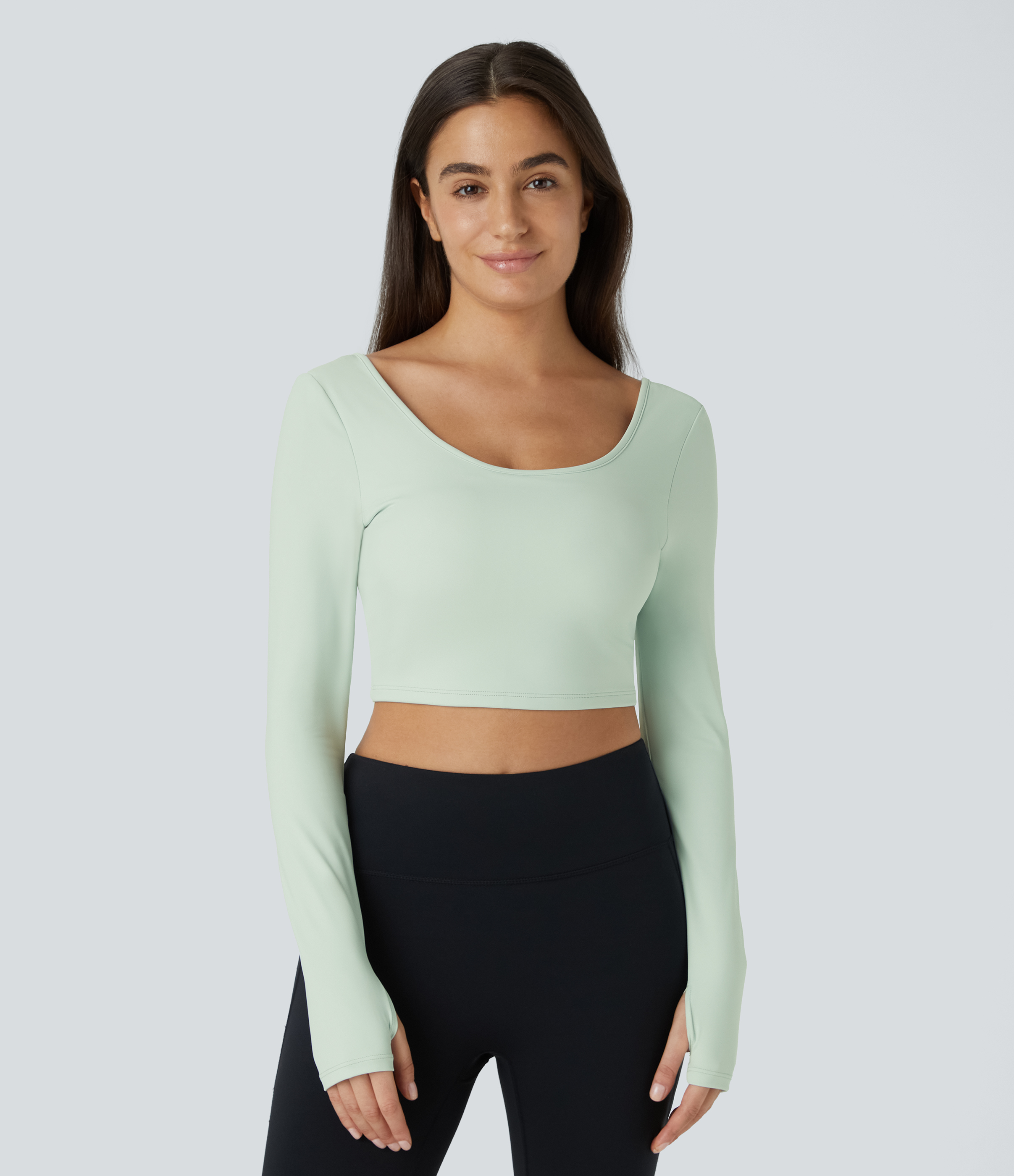 Halara Softlyzeroв„ў Airy U Neck Backless Cut Out Twisted Thumb Hole Cropped Cool Touch Yoga Sports Top  - Fairest Jade - XL 