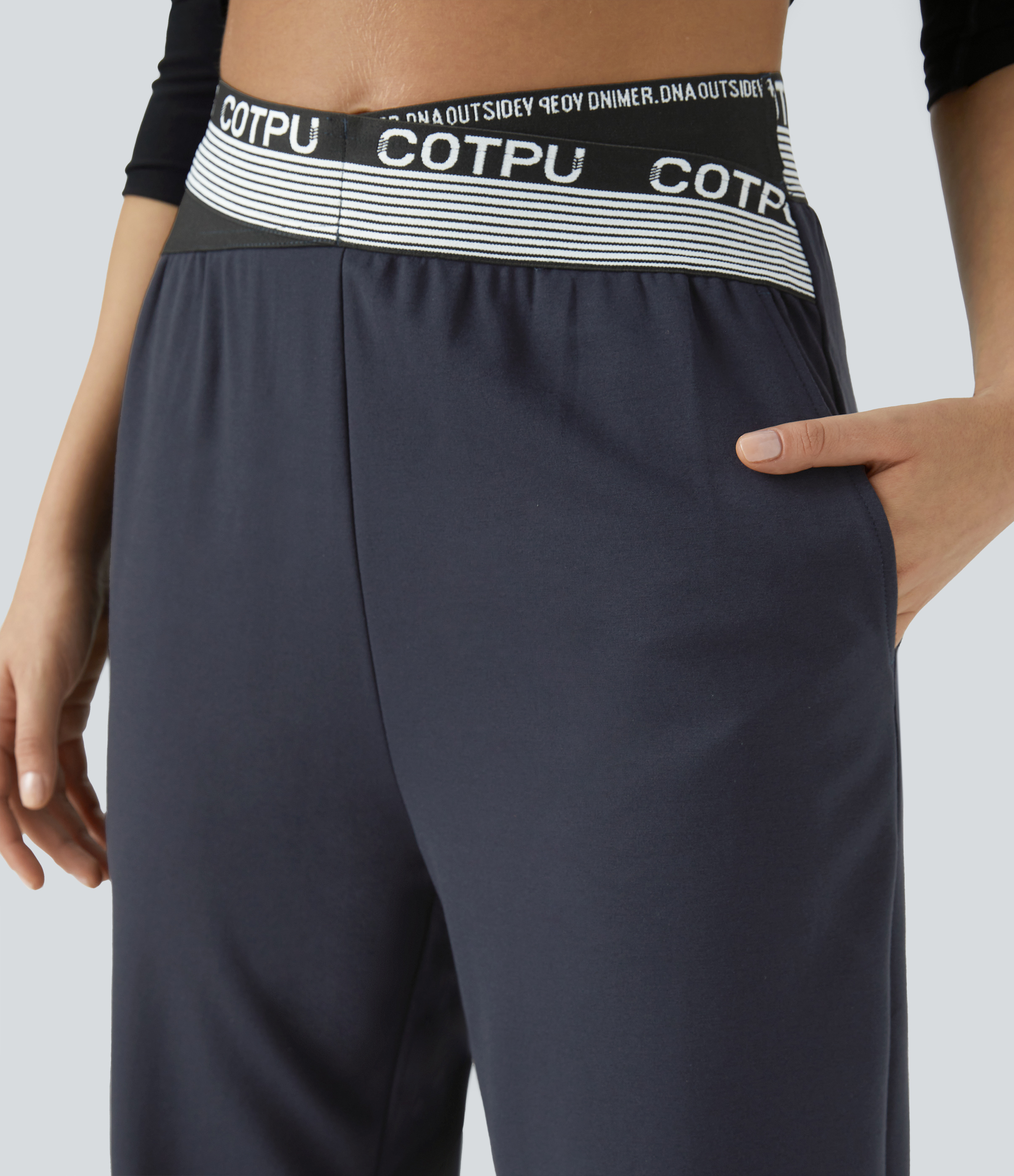 Halara Mid Rise Crossover Letter Print Side Pocket Pants  - Deep Dark Blue - XL 