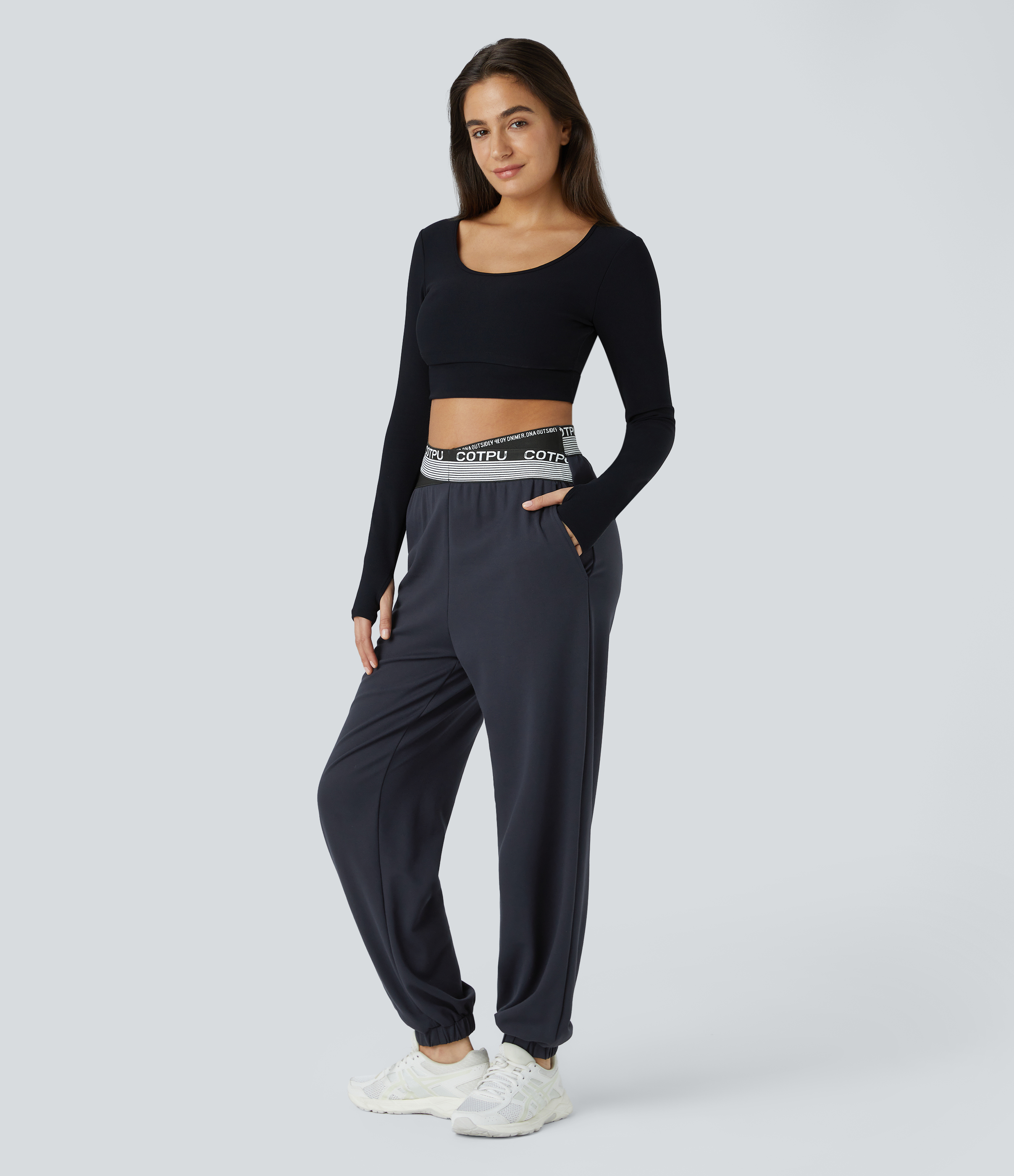 Halara Mid Rise Crossover Letter Print Side Pocket Pants  - Deep Dark Blue - XL 