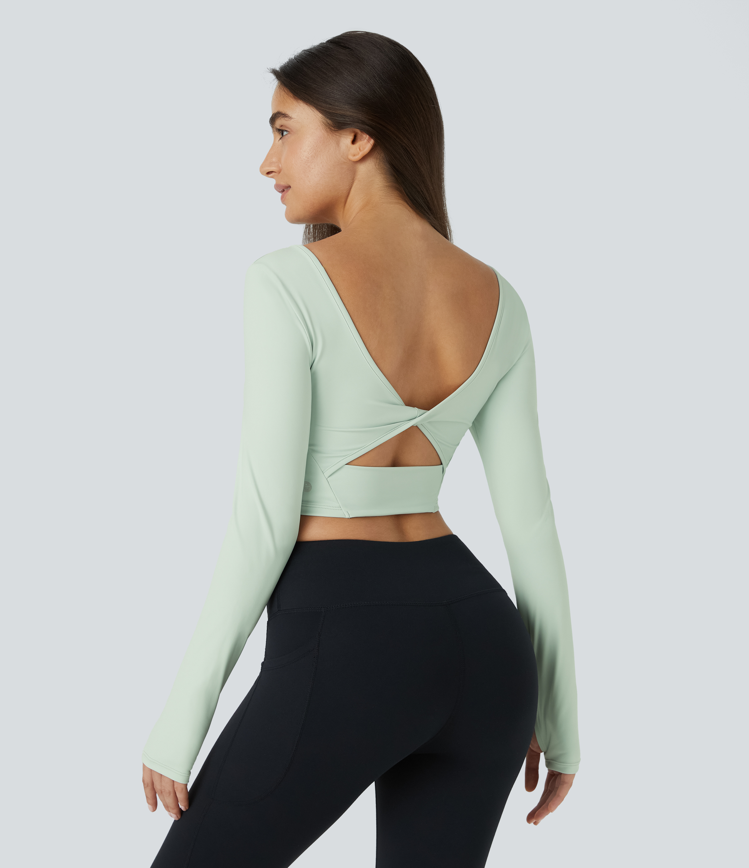 Halara Softlyzeroв„ў Airy U Neck Backless Cut Out Twisted Thumb Hole Cropped Cool Touch Yoga Sports Top  - Fairest Jade - XL 