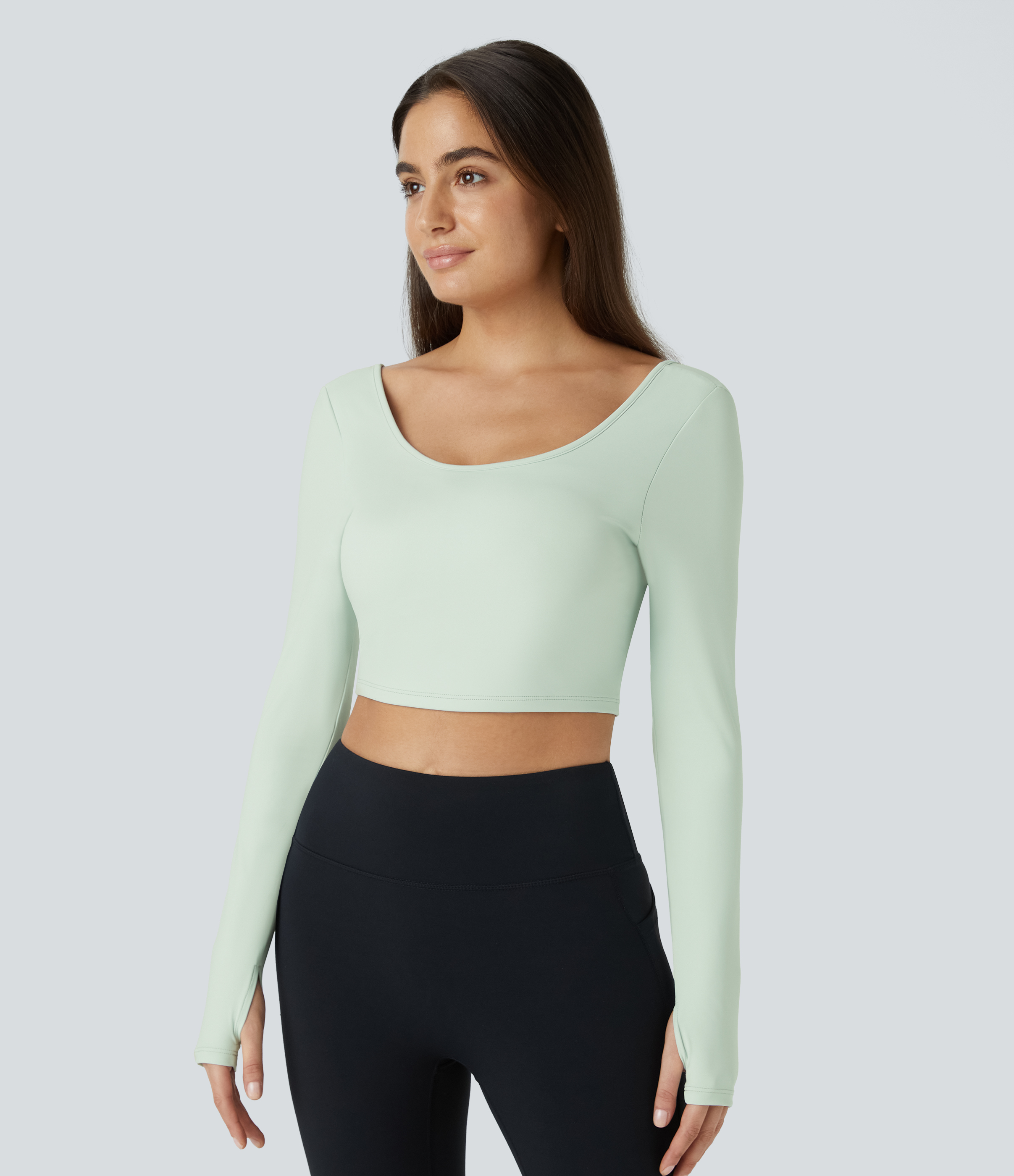 Halara Softlyzeroв„ў Airy U Neck Backless Cut Out Twisted Thumb Hole Cropped Cool Touch Yoga Sports Top  - Fairest Jade - XL 