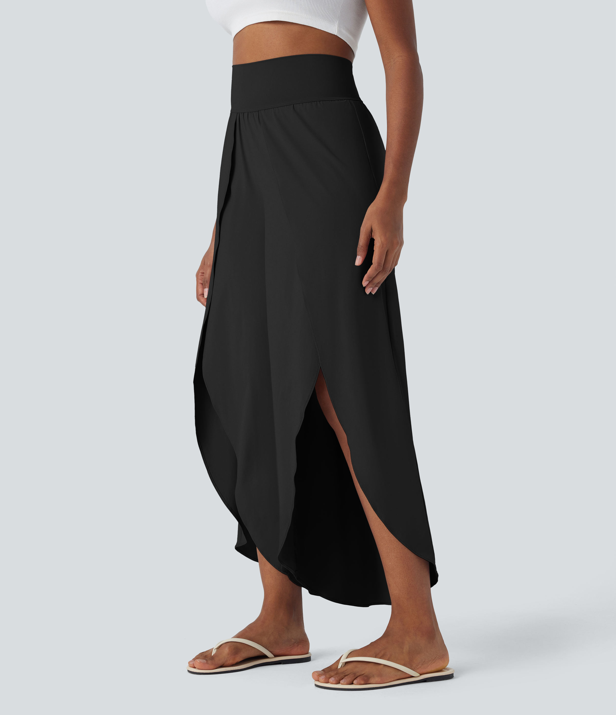Halara High Waisted Back Waistband Pocket Palazzo Flowy Split Wide Leg Cool Touch Casual Pants  - Black - L(regular) 