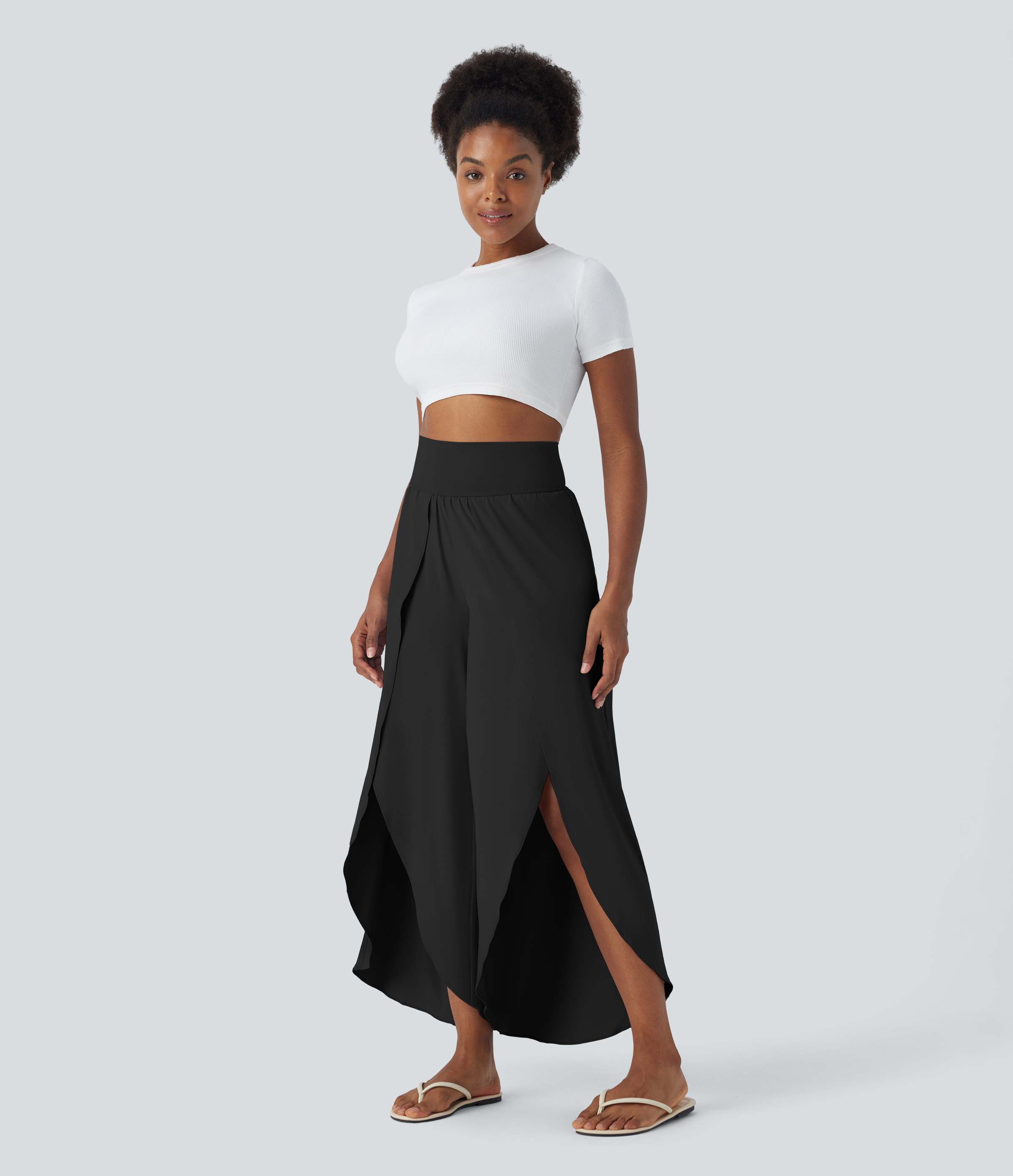 Halara High Waisted Back Waistband Pocket Palazzo Flowy Split Wide Leg Cool Touch Casual Pants  - Black - L(regular) 