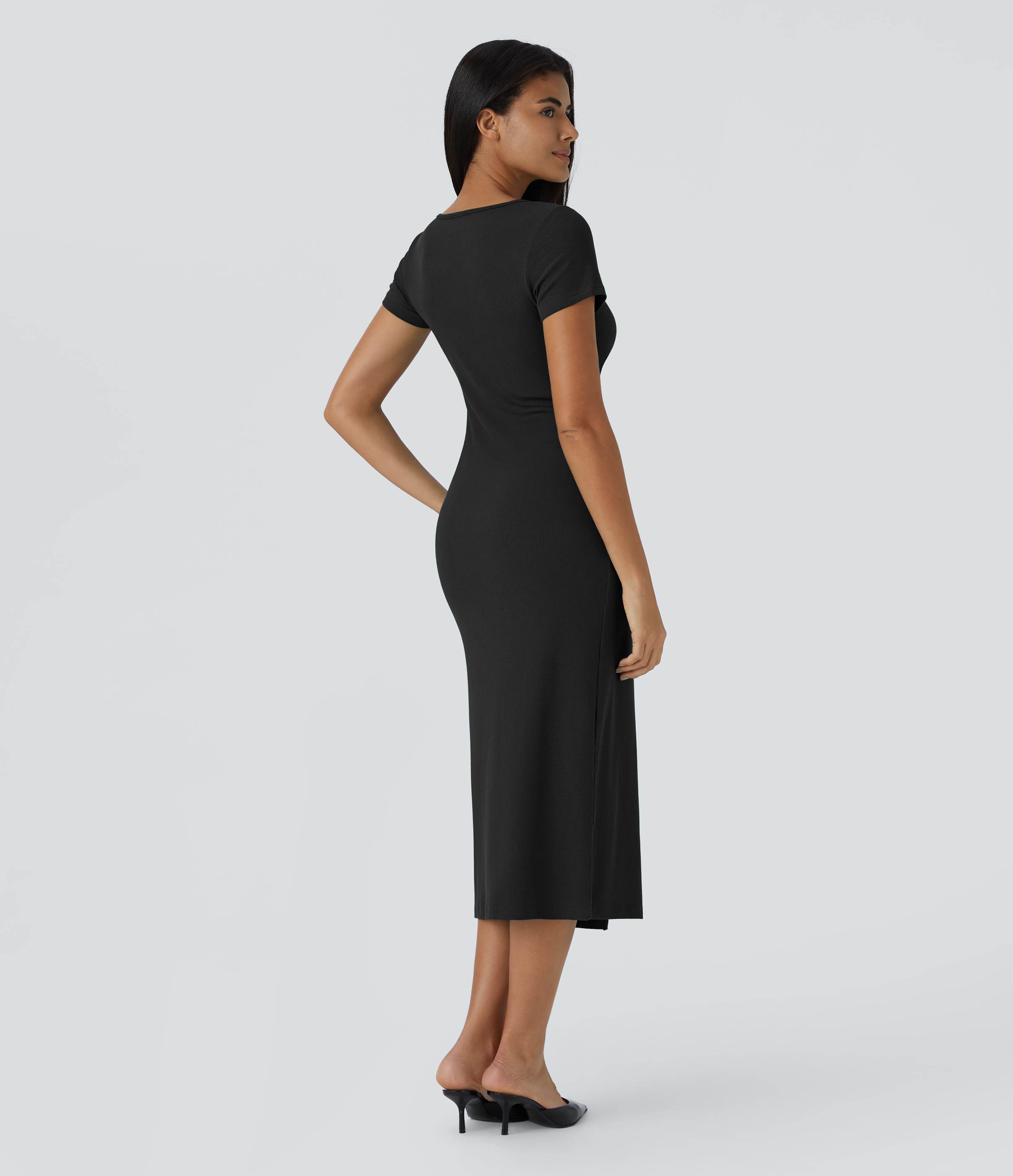Halara Ribbed Knit V Neck Button Split Midi Chill Dress Casual Dress - Black - L slip dress beach dress ruched dress halter dress 