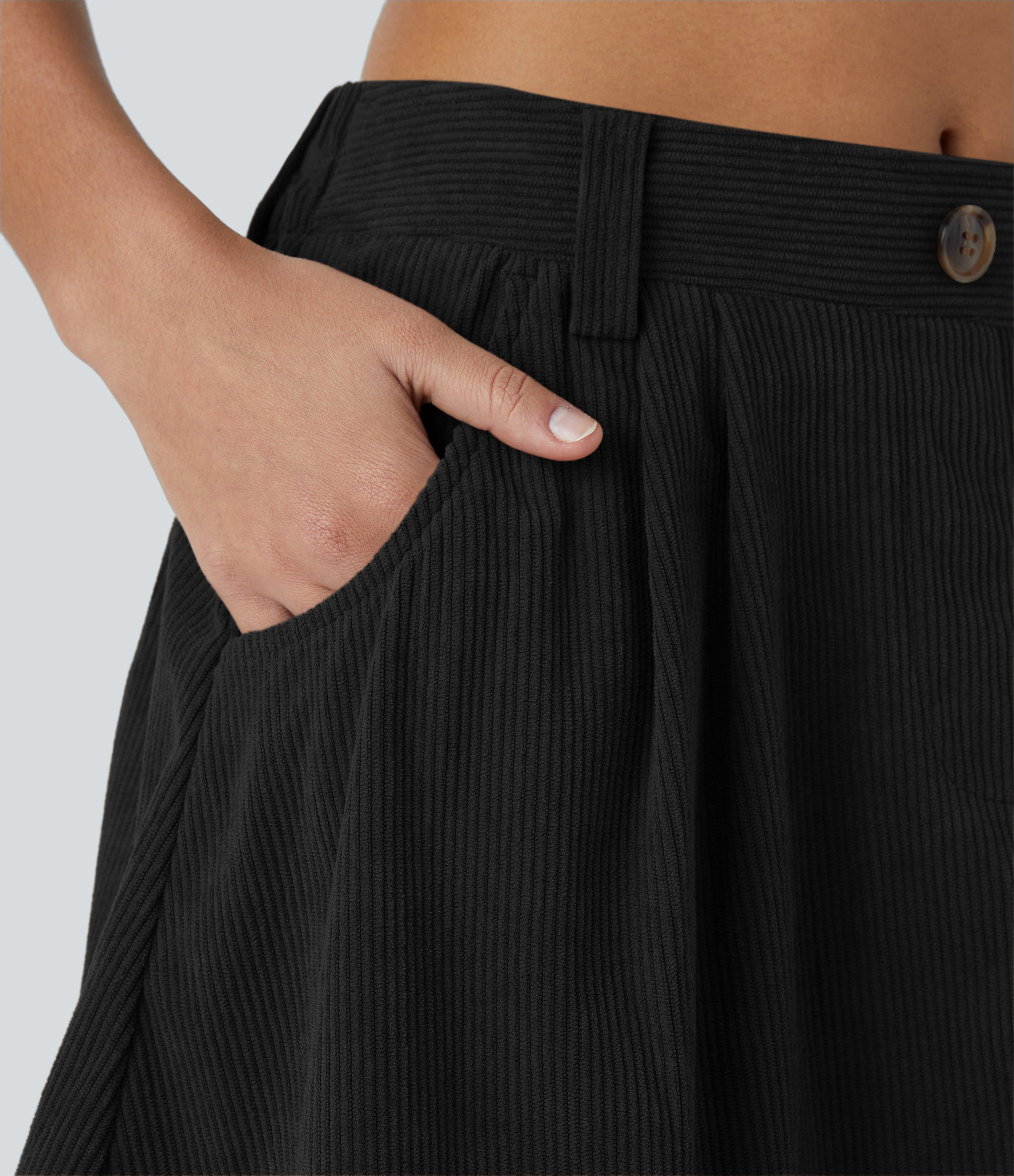 Halara Mid Rise Button Side Pocket 2-in-1 Corduroy Flare Mini Casual Skirt  - Black - S(regular) 
