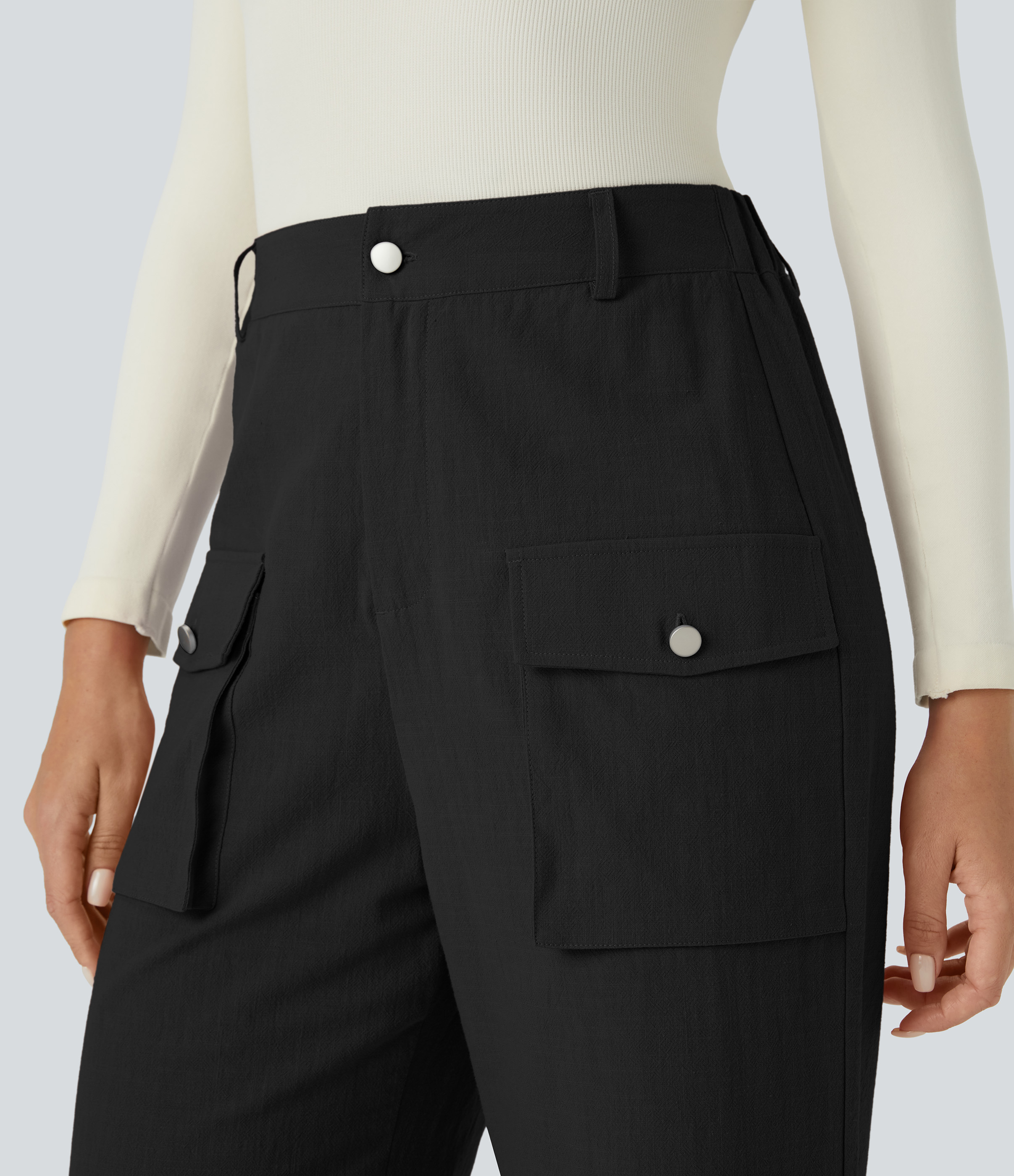 Halara High Waisted Button Zipper Side Flap Cargo Pocket Wide Leg Casual Cotton Pants  - Black - XS(regular) sweatpants jogger pants 