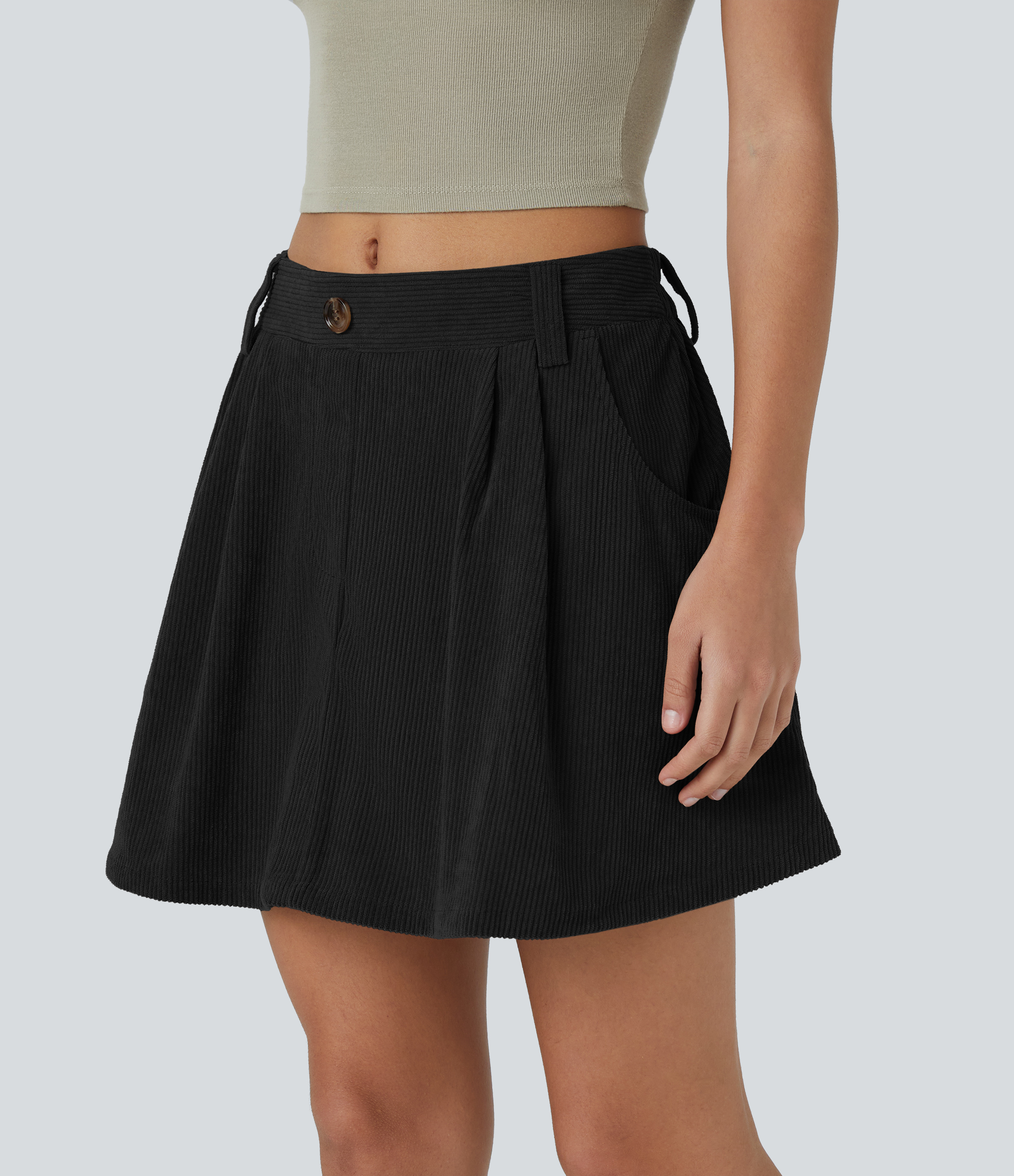 Halara Mid Rise Button Side Pocket 2-in-1 Corduroy Flare Mini Casual Skirt  - Black - S(regular) 