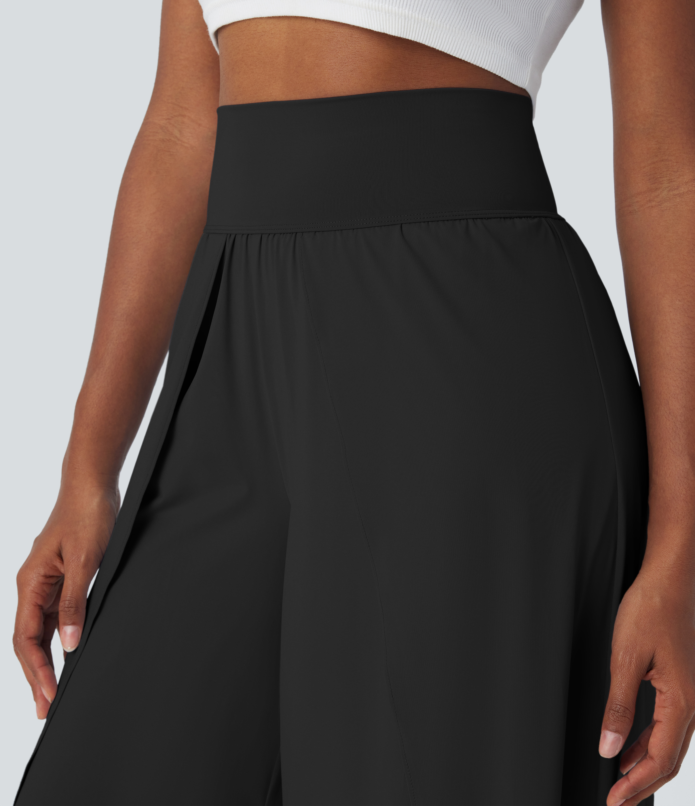 Halara High Waisted Back Waistband Pocket Palazzo Flowy Split Wide Leg Cool Touch Casual Pants  - Black - L(regular) 