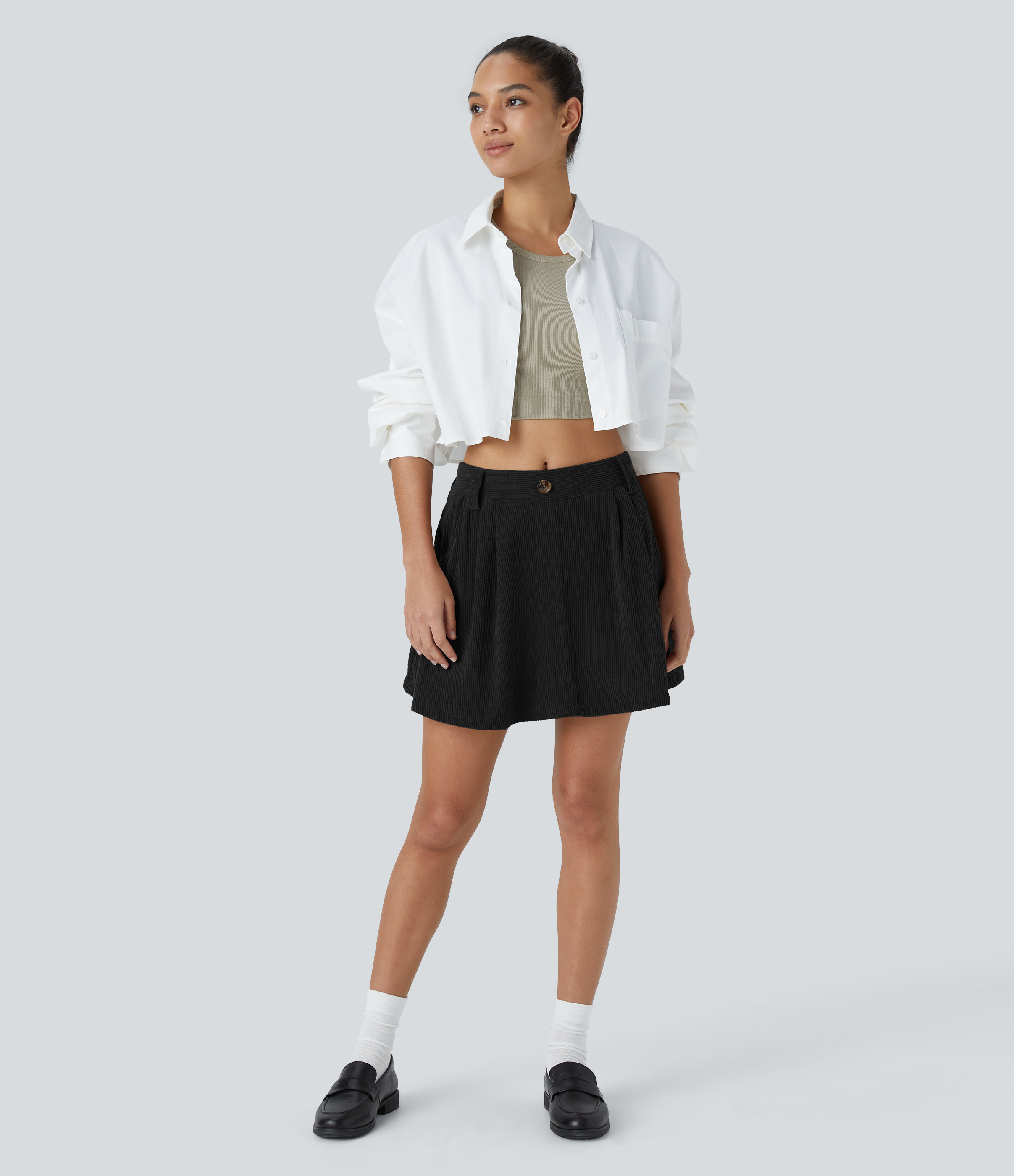 Halara Mid Rise Button Side Pocket 2-in-1 Corduroy Flare Mini Casual Skirt  - Black - S(regular) 