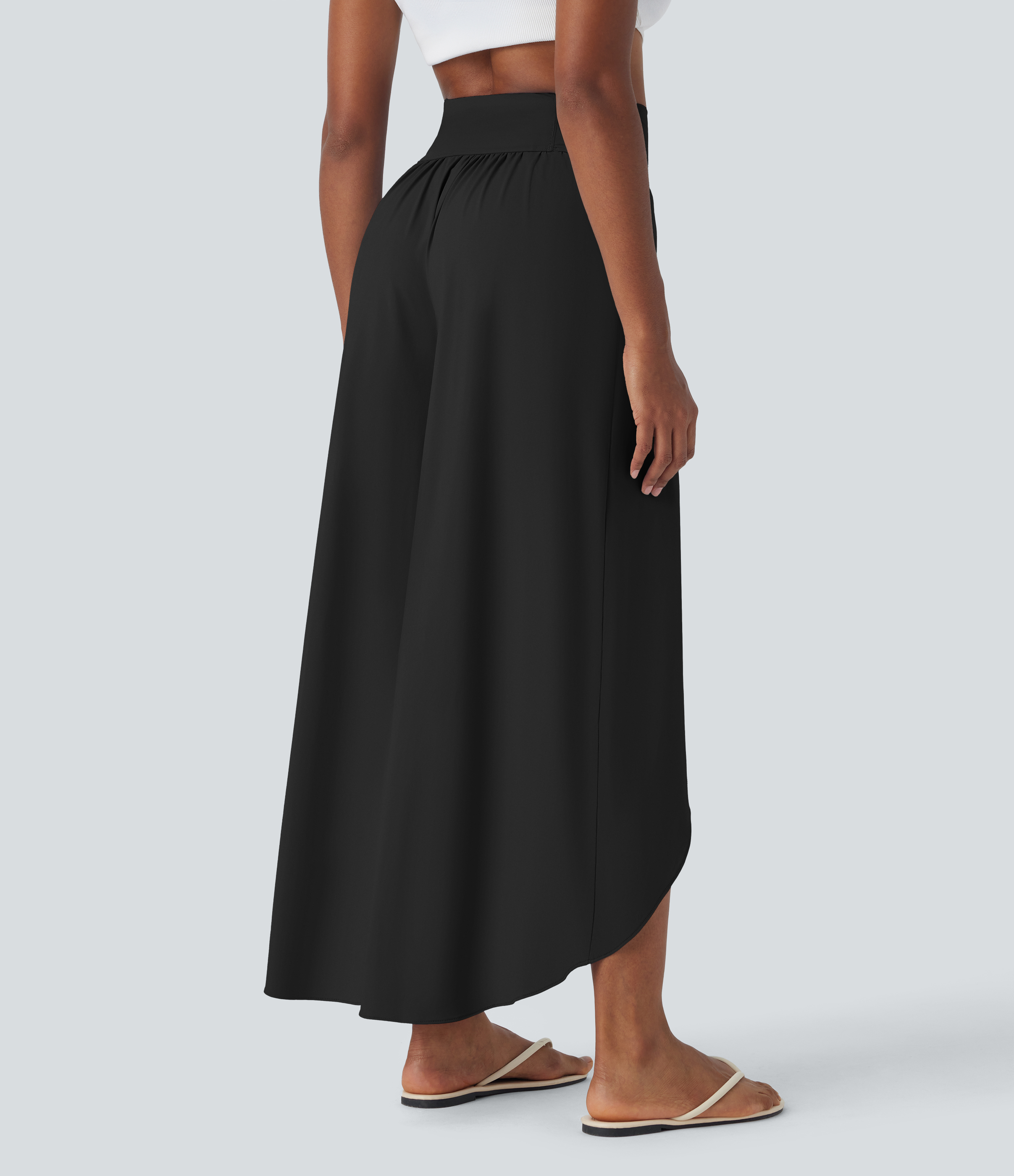 Halara High Waisted Back Waistband Pocket Palazzo Flowy Split Wide Leg Cool Touch Casual Pants  - Black - L(regular) 