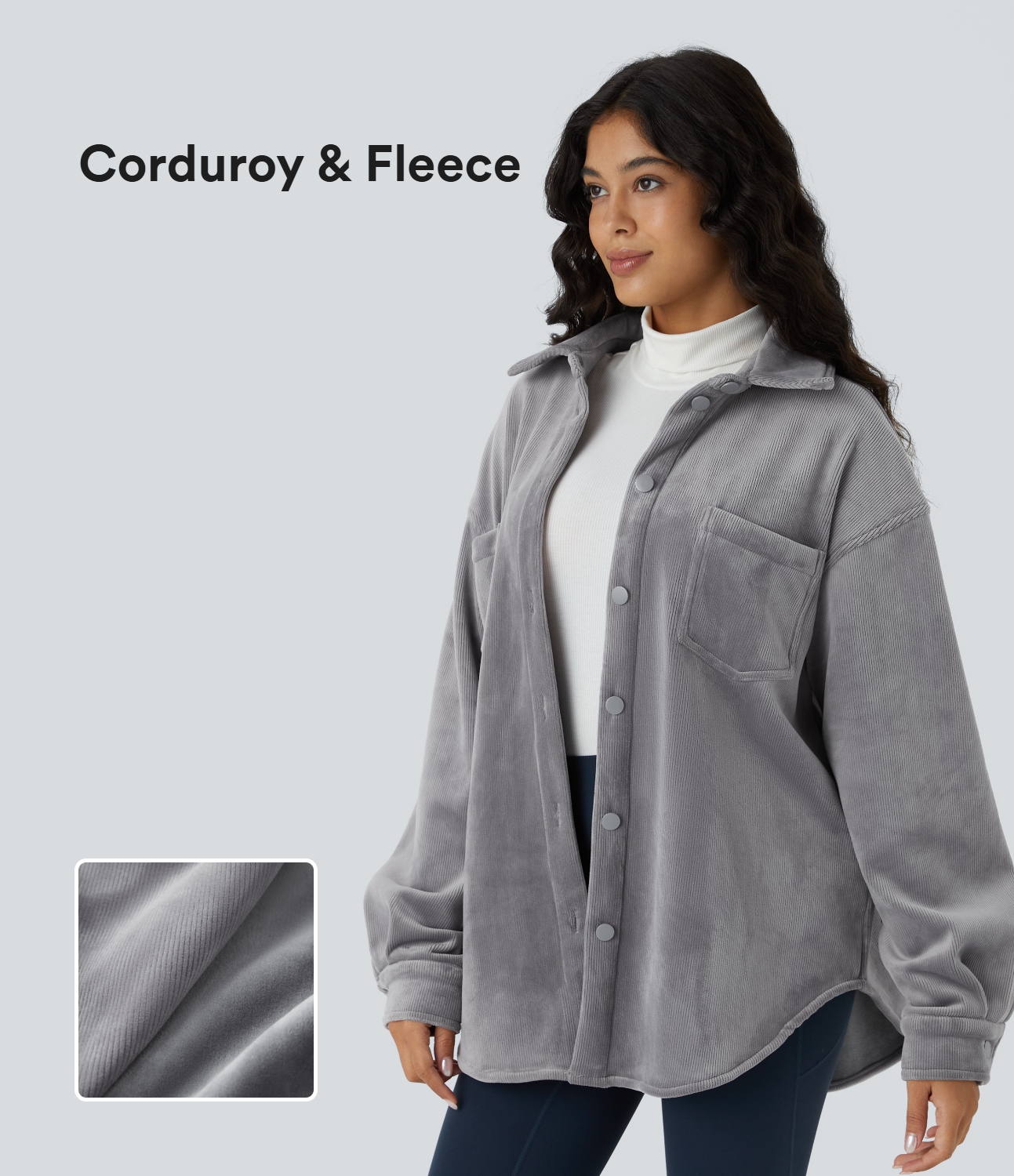 Halara Collared Button Long Sleeve Chest Pocket Curved Hem Fleece Corduroy Casual Jacket - Grey - L